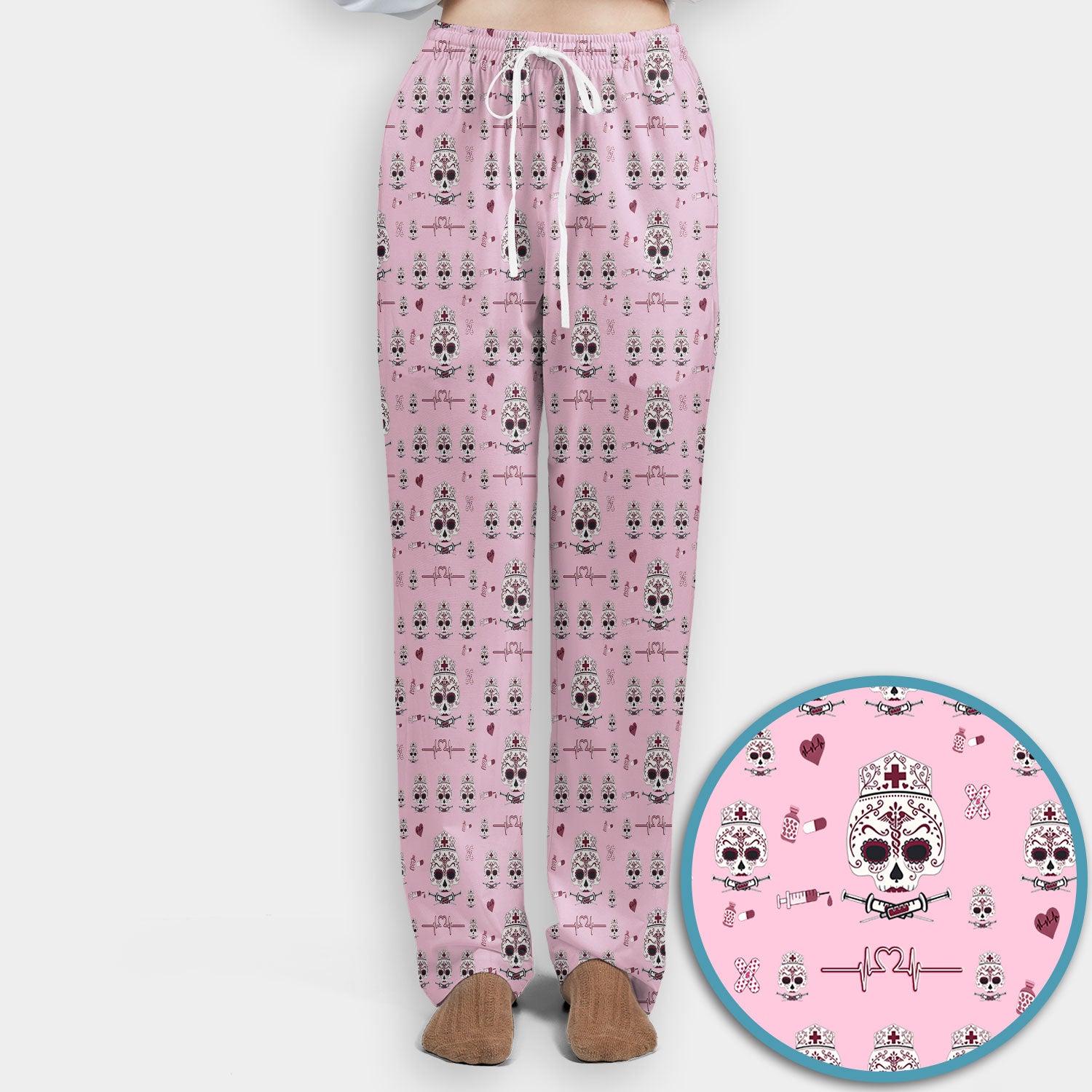 Sugar Skull Scrub Set, Skull Pattern Scrub Shirt, Breathable Fabrics Nursing Uniform