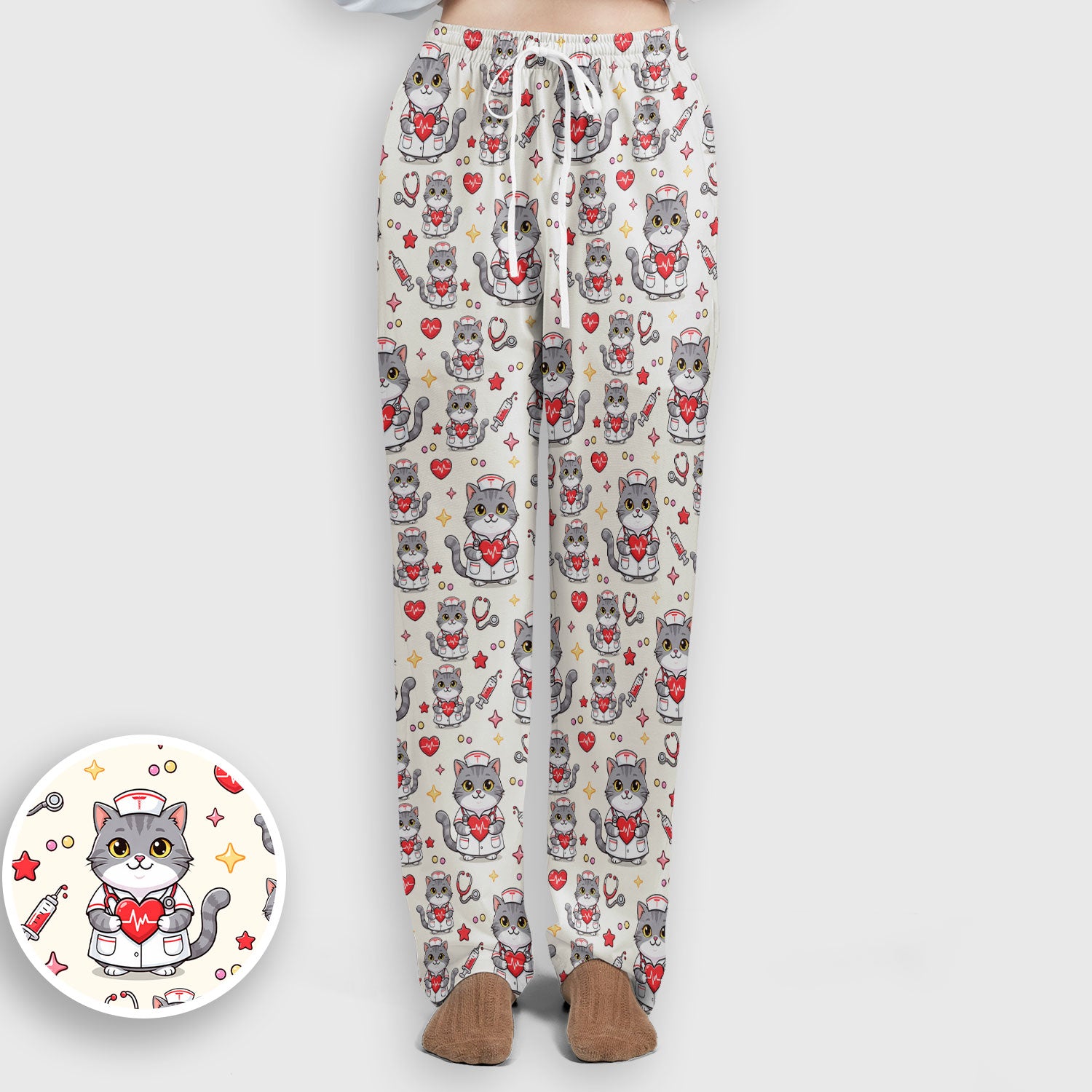 Cute Nurse Cat Heart Medical Print Scrub Set, Scrub Pants and V Neck Top