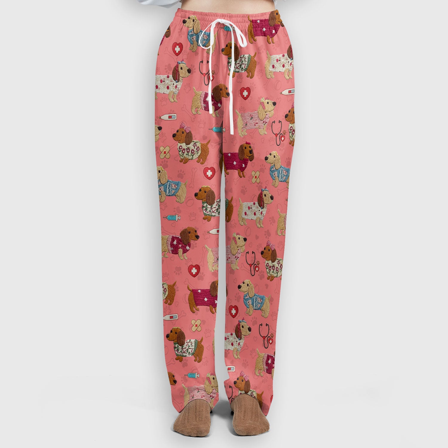 Cute Medical Wiener Dog Pattern Nurse Shirt, Dachshund Nursing Scrub Set, Breathable Fabrics Nursing Uniform