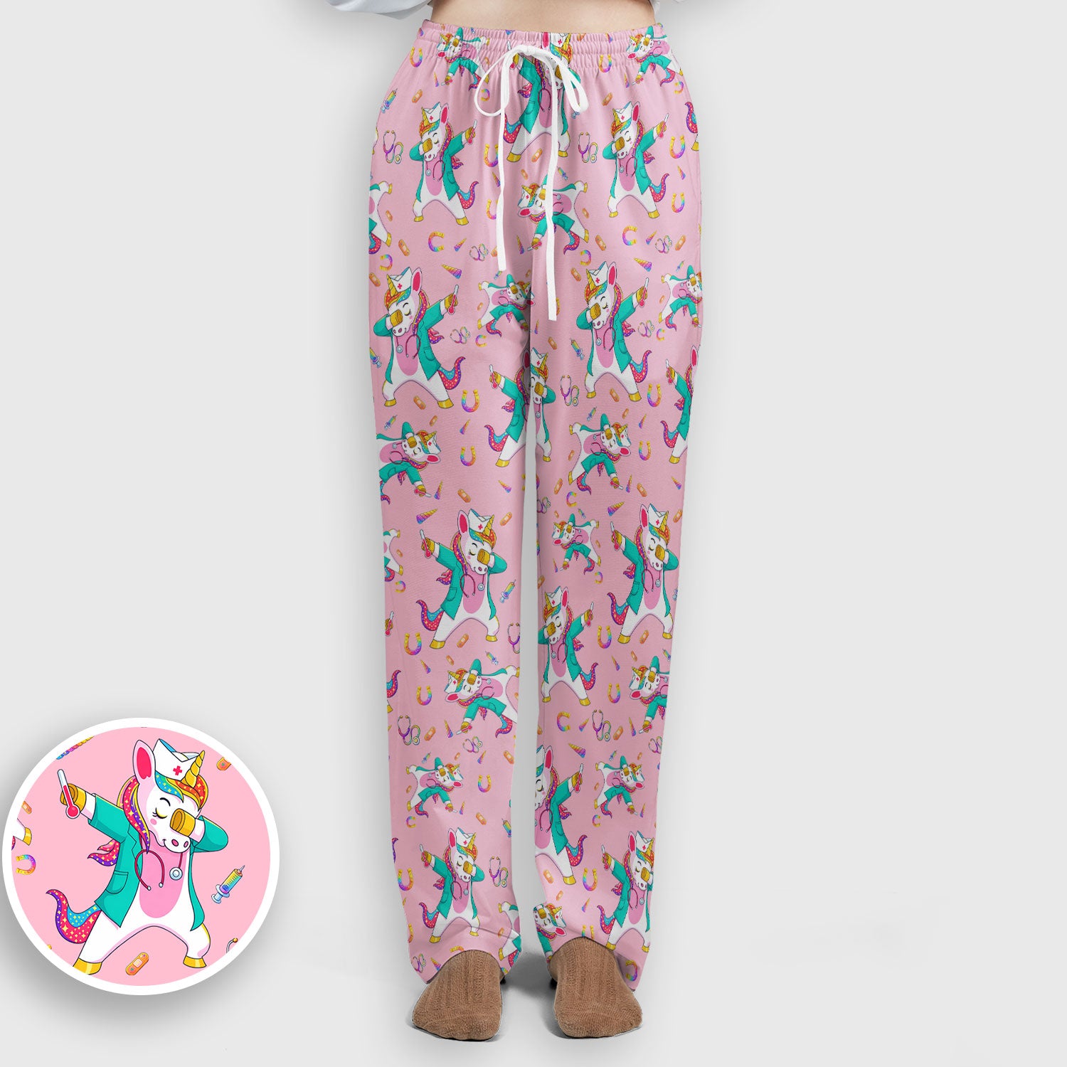 Cute Unicorn Nurse Dance Pattern Women's Sets, Scrub Pants and V Neck Top