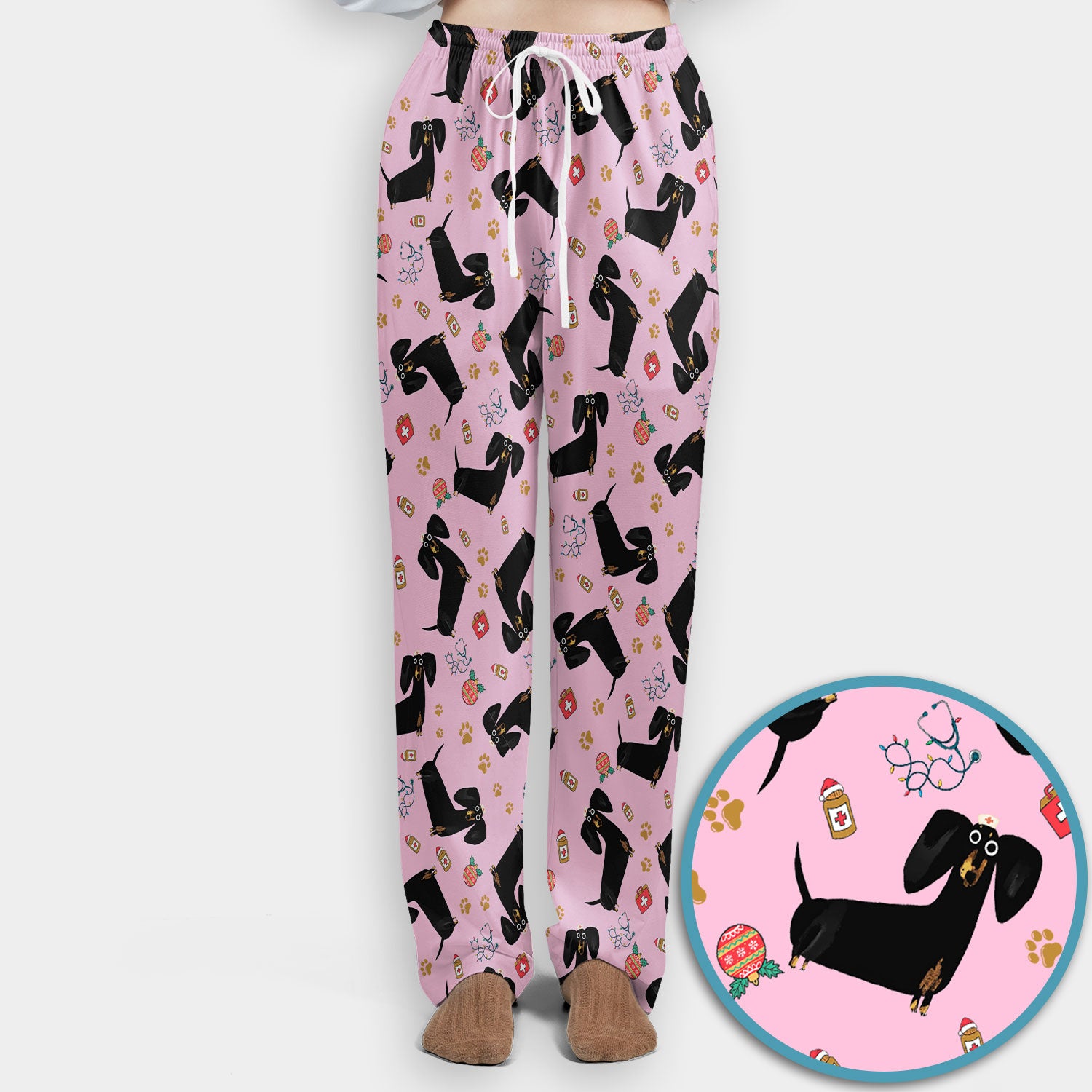 Funny Black Dachshund Scrub Set for Nurses - Cute Wiener Dog Scrubs Pants and V Neck Top - Puppy Lover Nursing Gift for Women