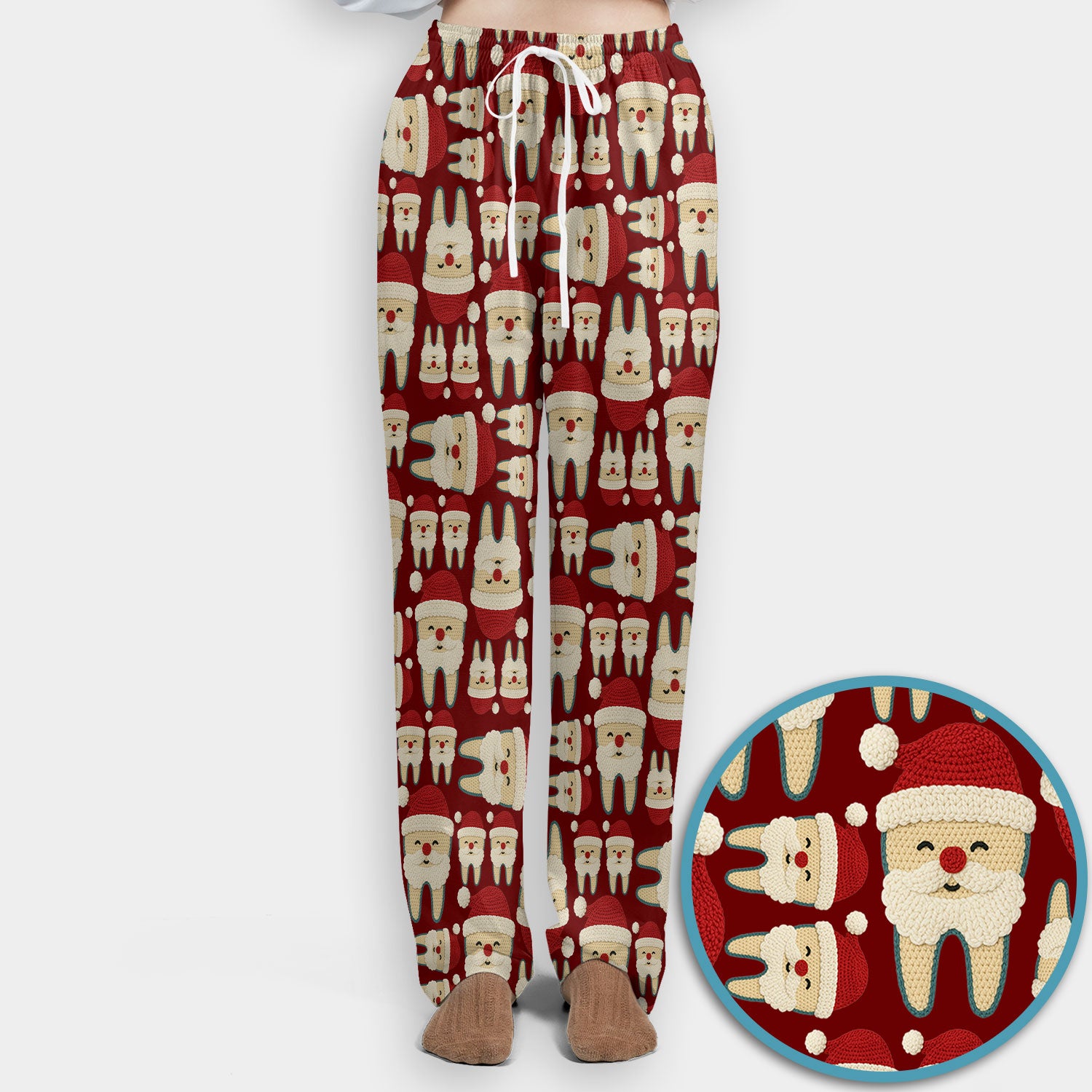 Christmas Tooth Scrub Set - Cute Santa Tooth Pattern for Dentists & Hygienists - Crochet Style Holiday Medical Uniform for Women