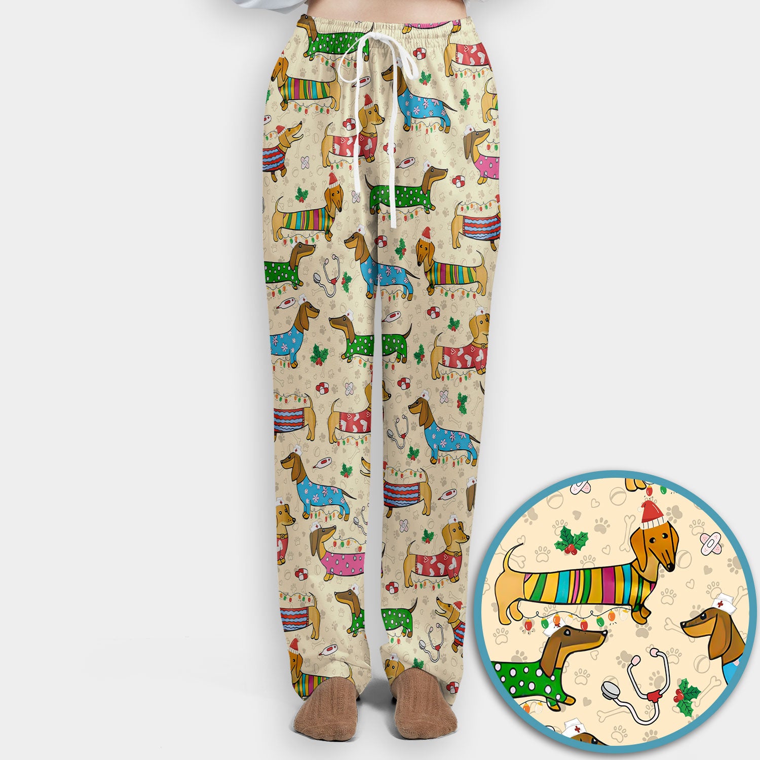 Christmas Dachshund Scrub Set for Nurses - Cute Wiener Dog in Holiday Outfit - Funny Medical Uniform Gift for Women RN LPN CNA