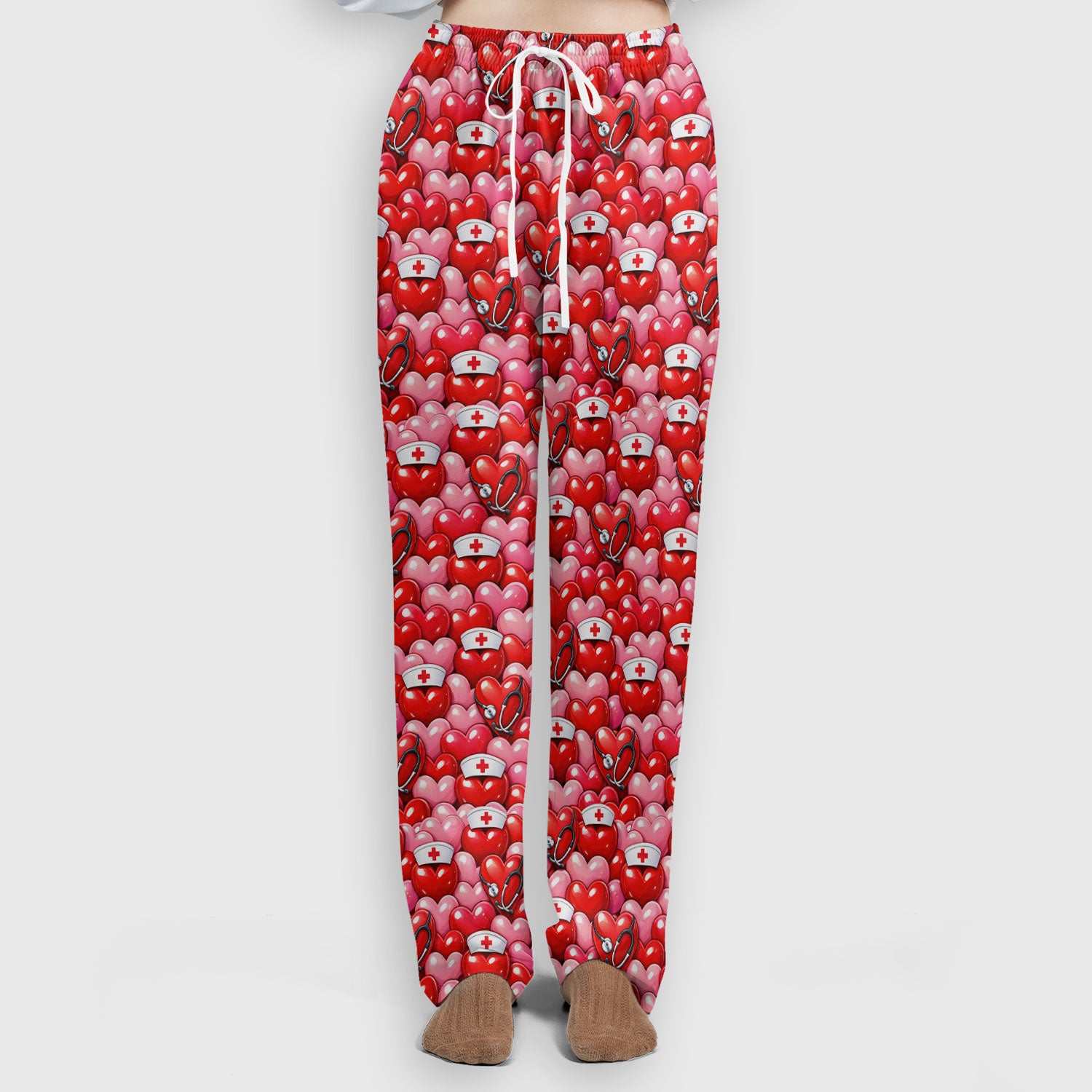 Valentine Pattern Nurse Scrub Set, Heart With Stethoscope Love Medical Shirt For Women, Breathable Fabrics Nursing Uniform