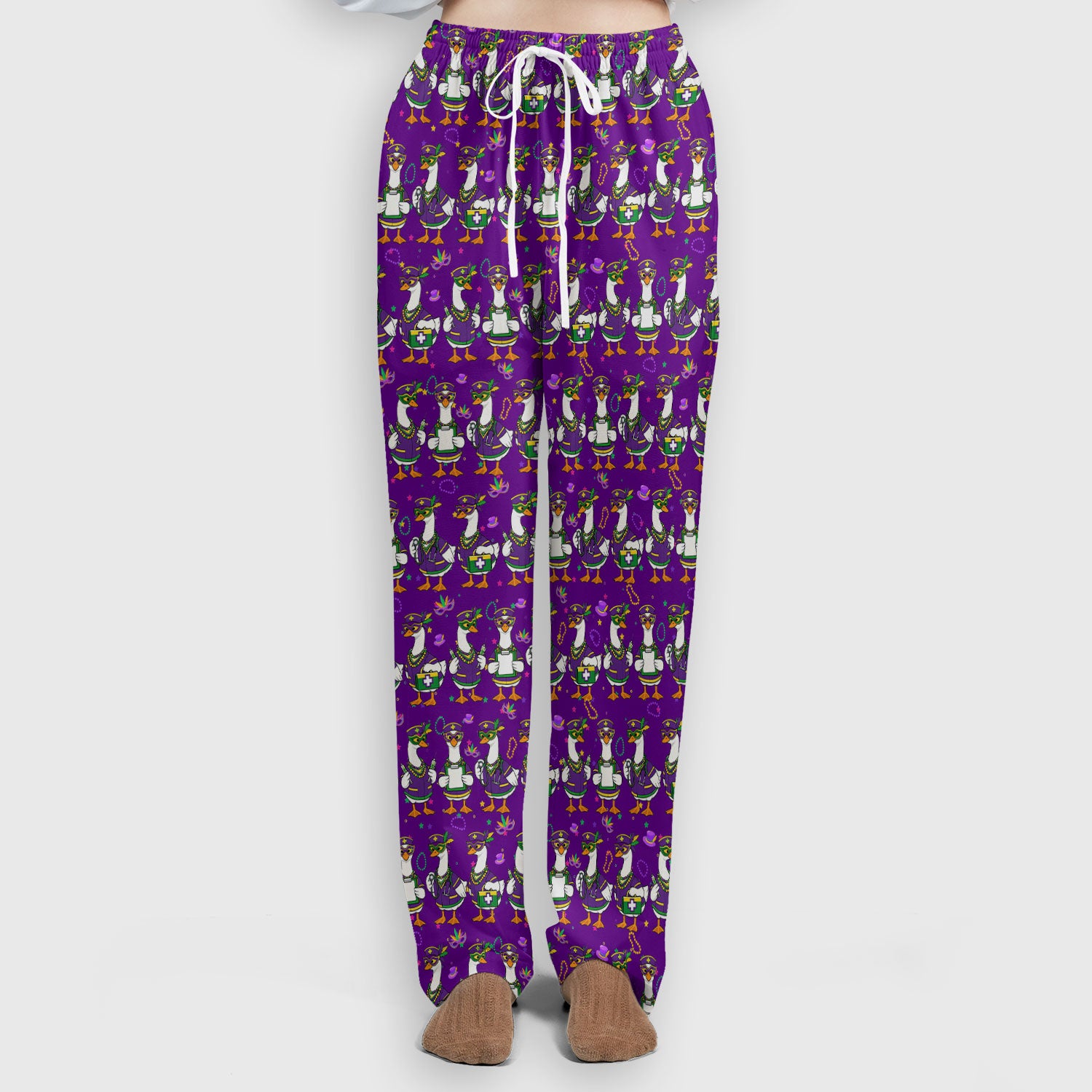 Mardi Gras Nurse Goose Scrub Set, Purple Carnival Parade Medical Pattern Nurse Shirt, Breathable Fabrics Nursing Uniform