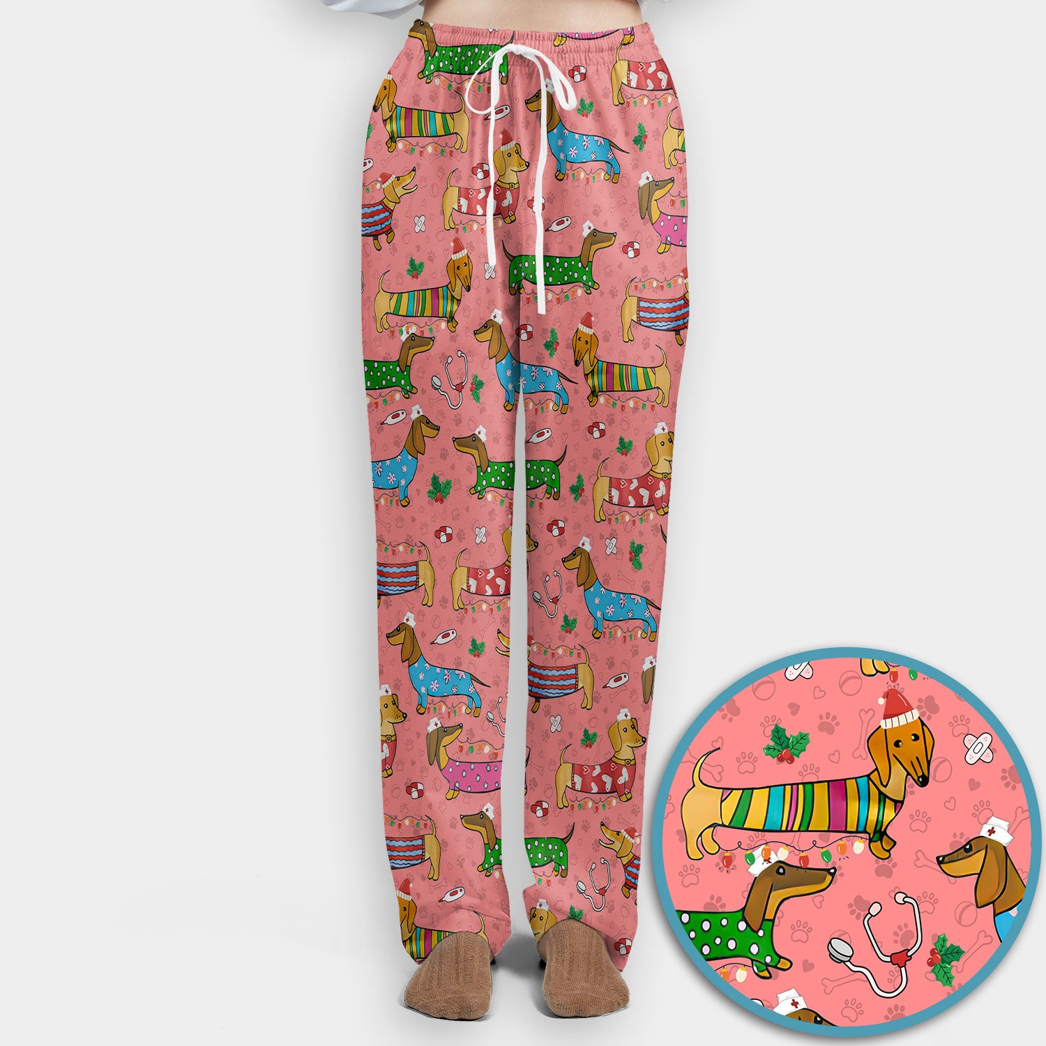 Christmas Scrub Set for Women - Funny Dachshund Scrubs Pants and V Neck Top - Cute Holiday Medical Uniform Gift for RN LPN CNA