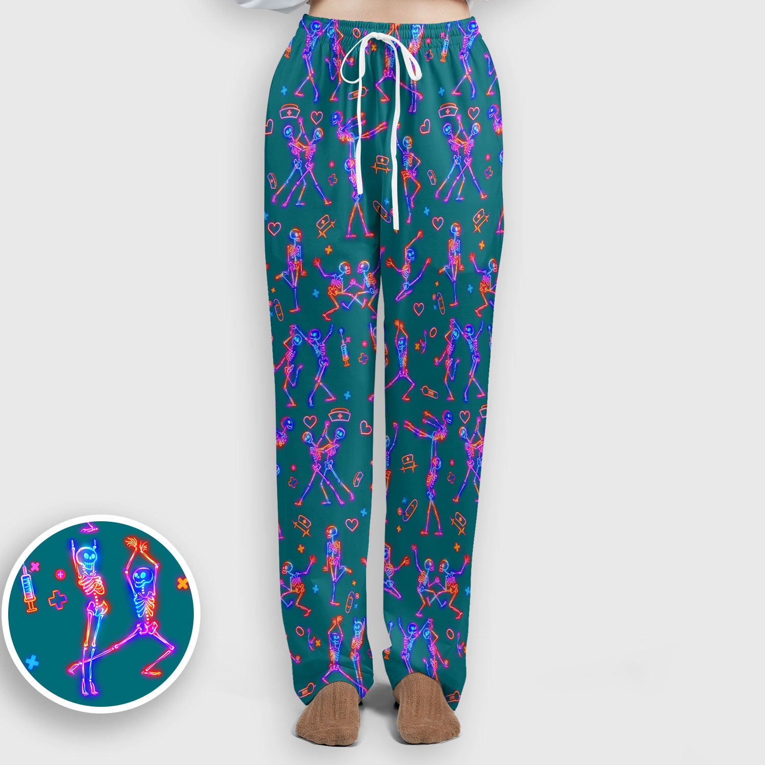 Neon Dancing Skeleton Medical Pattern Set, Scrub Pants and V Neck Top