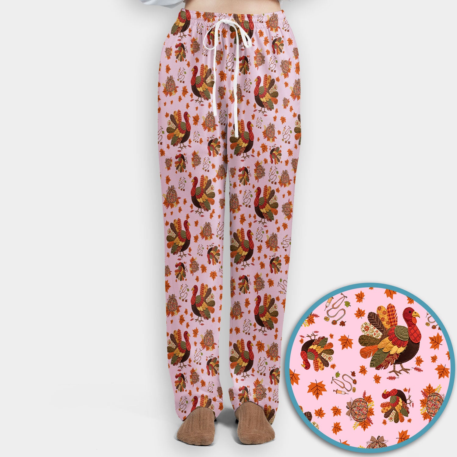 Fall Leaves Thanksgiving Women's Scrub Set - Comfortable Scrub Pants and V Neck Top - Funny Turkey Nursing Uniform