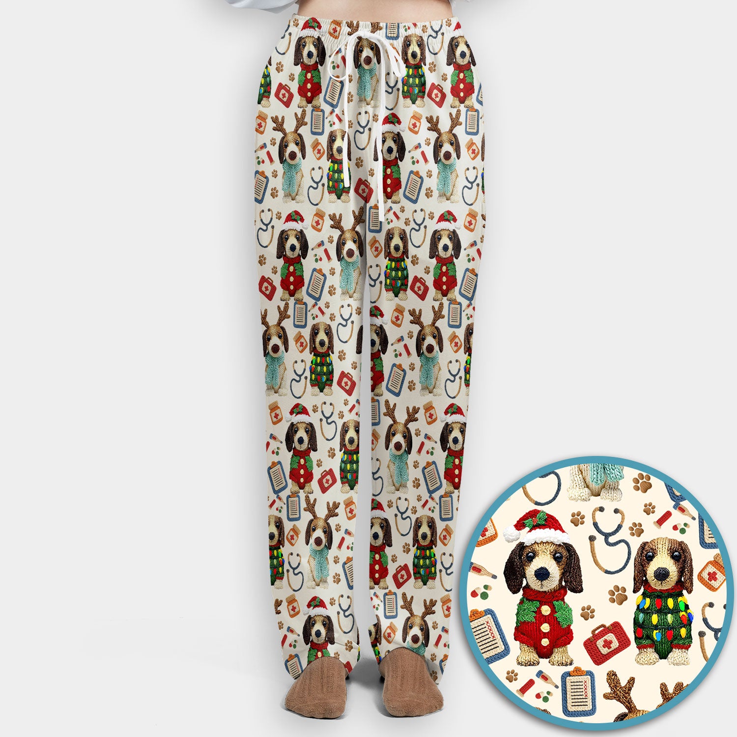 Christmas Wiener Dog Scrubs Set for Women - Cute Dachshund Christmas Scrub Pants and V Neck Top - Puppy Lover Medical Uniform Gift