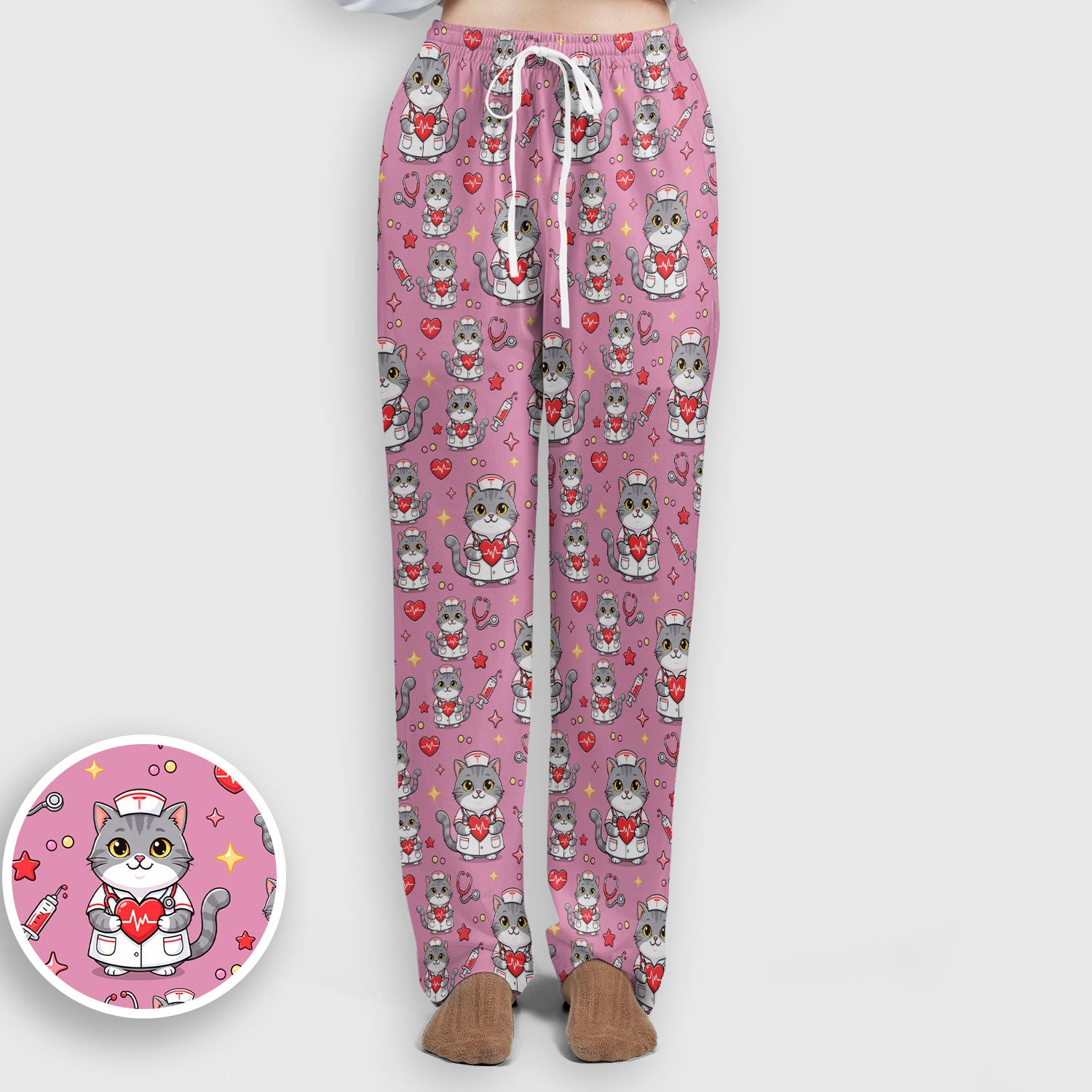 Cute Nurse Cat Heart Medical Print Scrub Set, Scrub Pants and V Neck Top