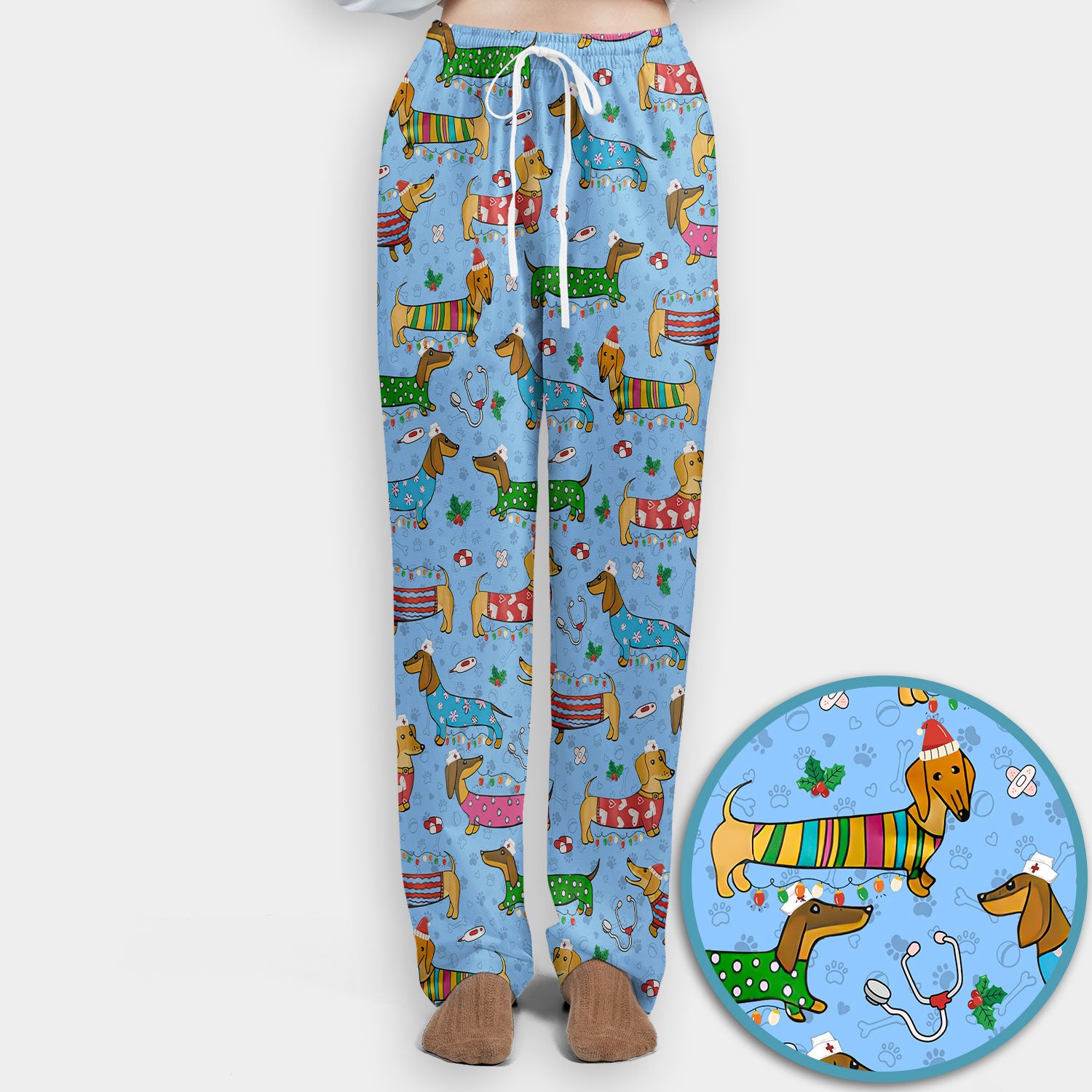 Christmas Dachshund Scrub Set for Nurses - Cute Wiener Dog in Holiday Outfit - Funny Medical Uniform Gift for Women RN LPN CNA