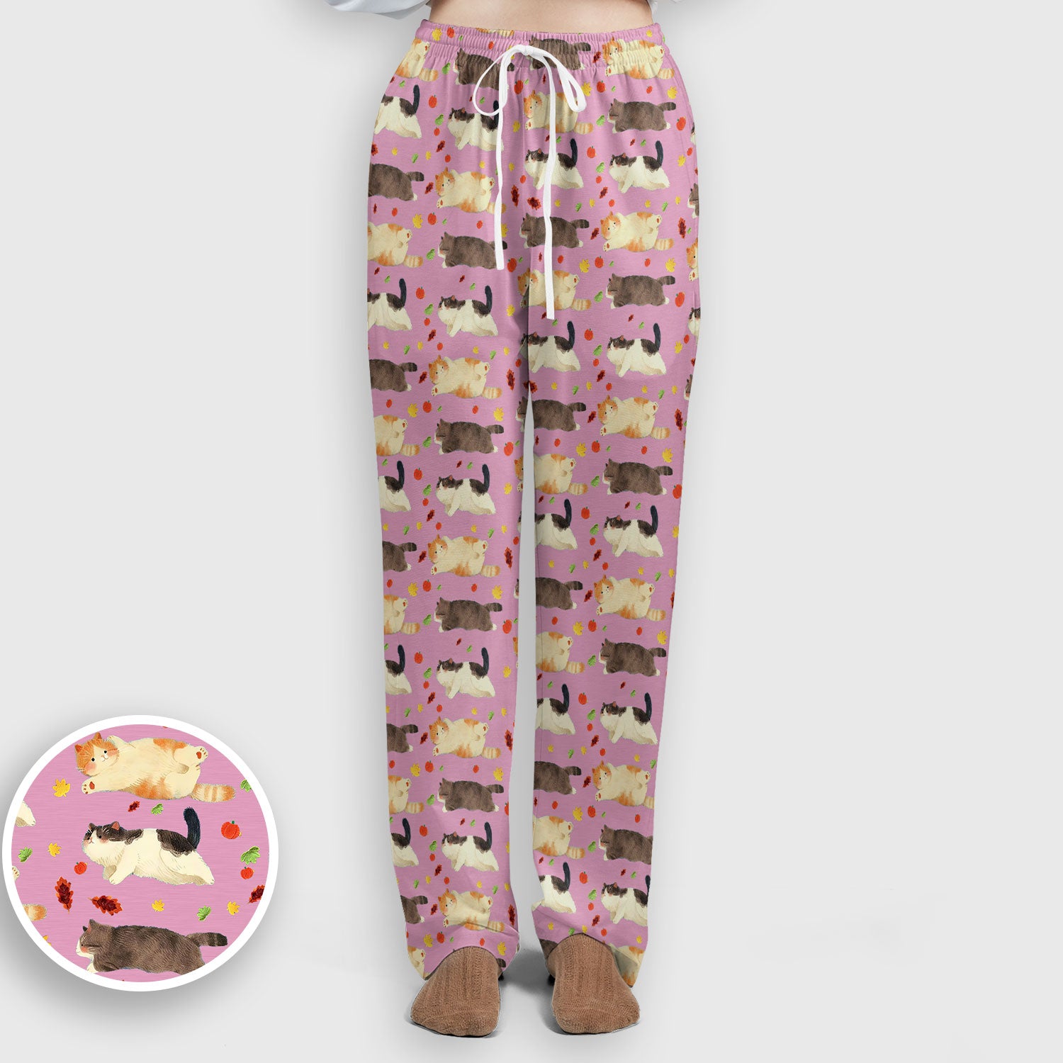 Chubby Cat Autumn Leaves Print Scrub Set, Breathable Med Uniform