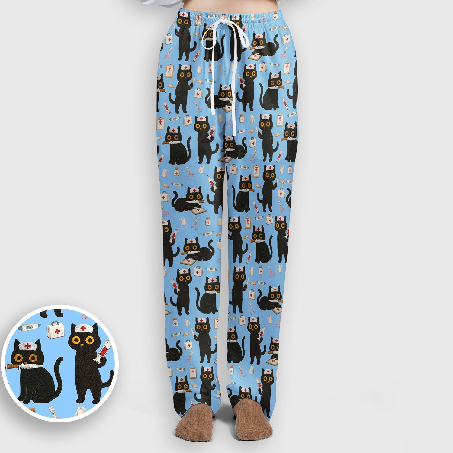 Cute Black Cat Nurse Pattern Women's Scrub Set, Breathable Med Uniform