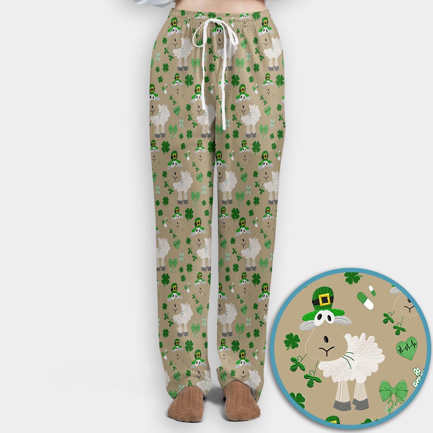 Nurse St. Patrick Scrubs Set, Cute Sheep Shamrock Pattern Nurse Shirt, Breathable Fabrics Nursing Uniform