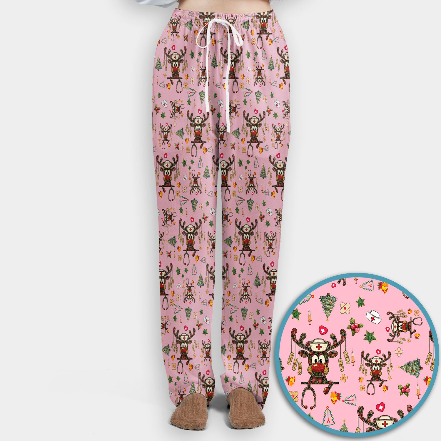 Reindeer Christmas Nurse Scrub Set - Funny Holiday Scrubs Pants and V Neck Top - Cute Medical Uniform for Women