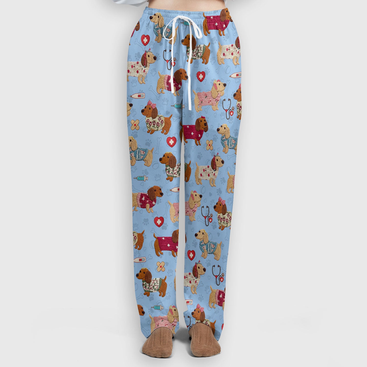 Cute Medical Wiener Dog Pattern Nurse Shirt, Dachshund Nursing Scrub Set, Breathable Fabrics Nursing Uniform