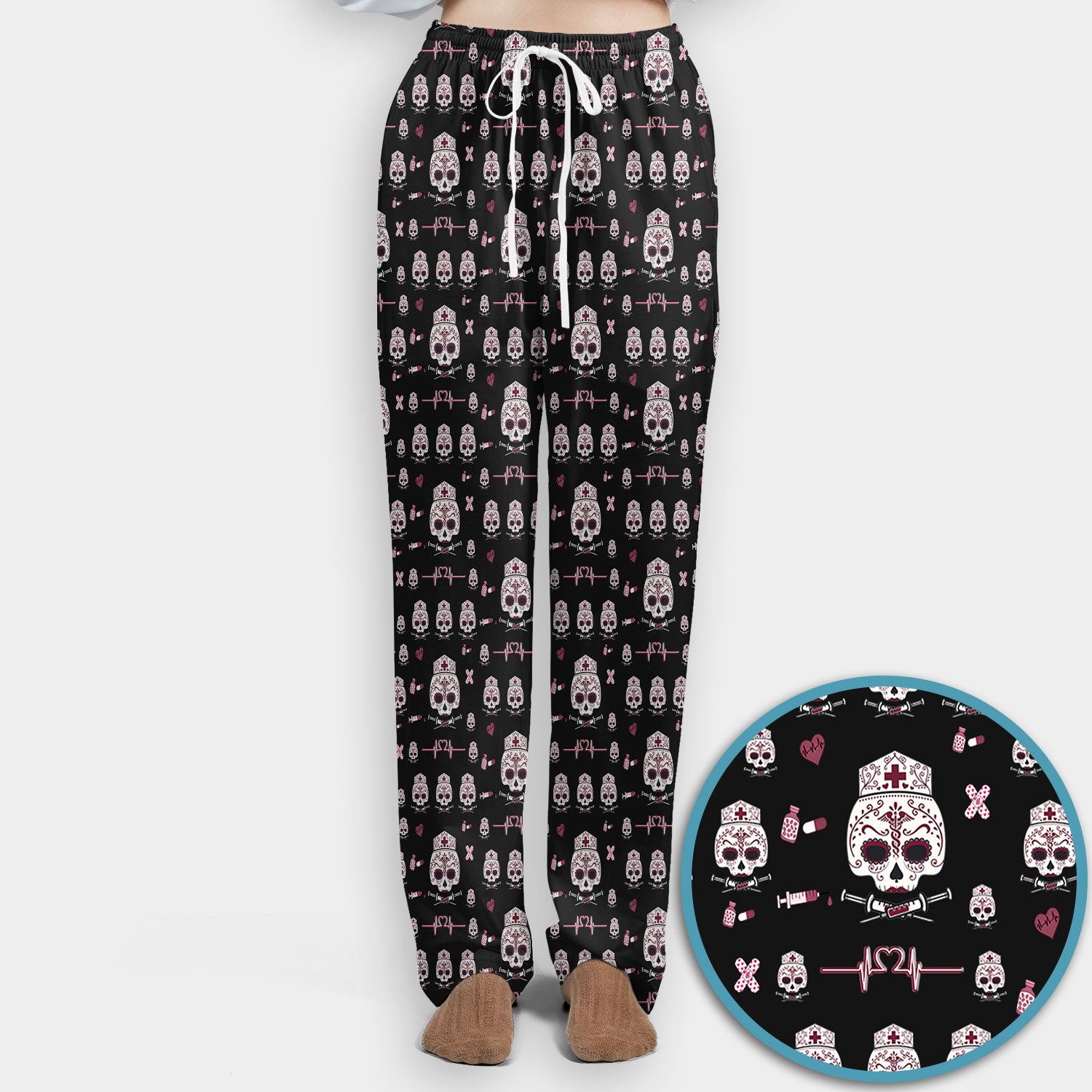 Sugar Skull Scrub Set, Skull Pattern Scrub Shirt, Breathable Fabrics Nursing Uniform