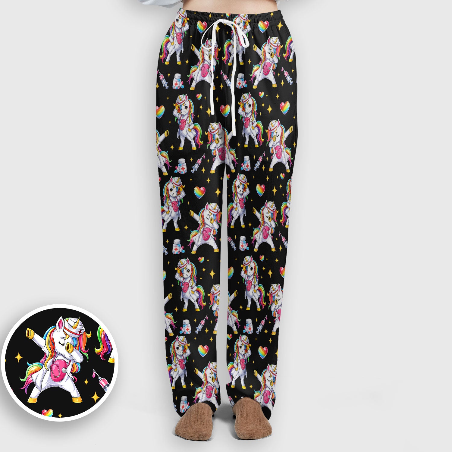 Playful Nurse Unicorn Rainbow Pattern Scrub Set, Breathable Med Uniform
