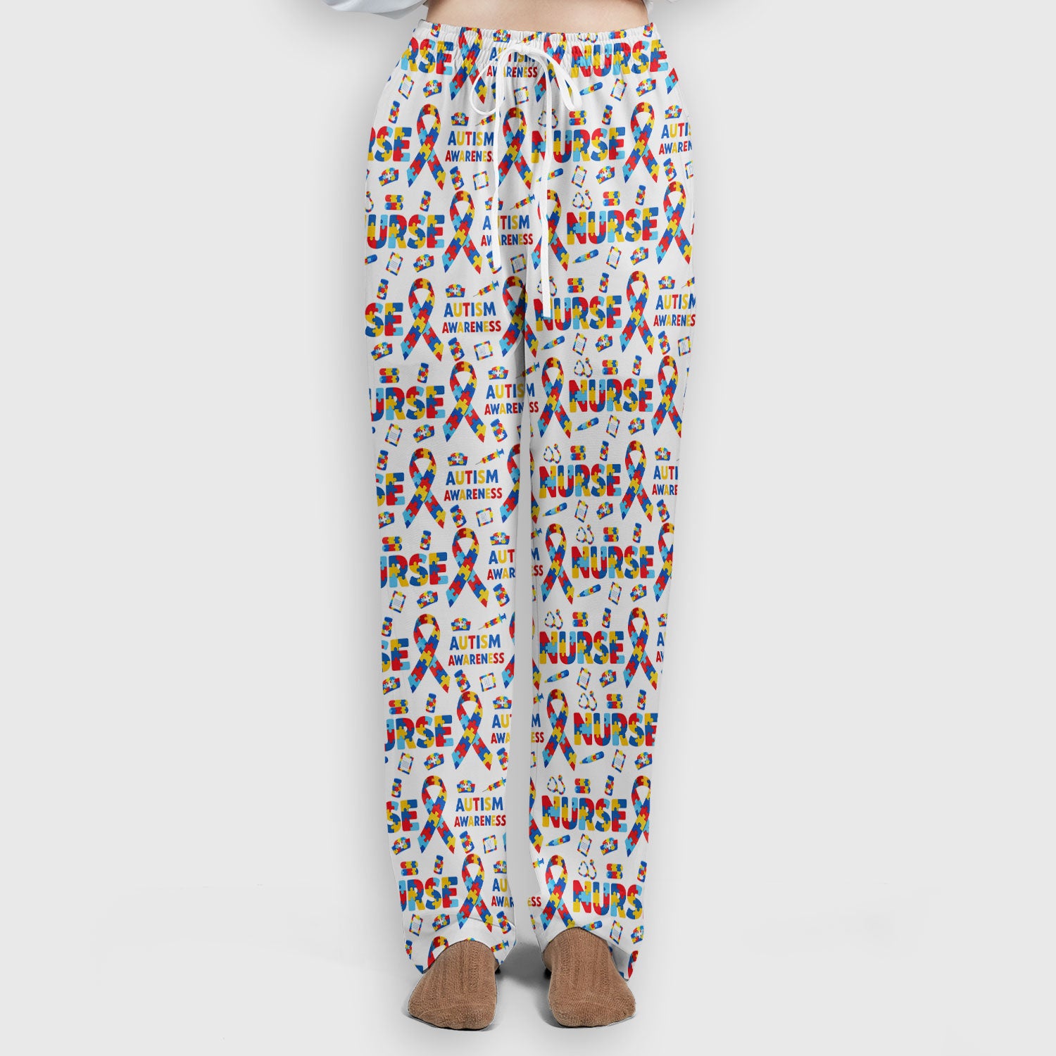 Autism Awareness Nurse Puzzle Ribbon Print Sets,  Breathable Med Uniform