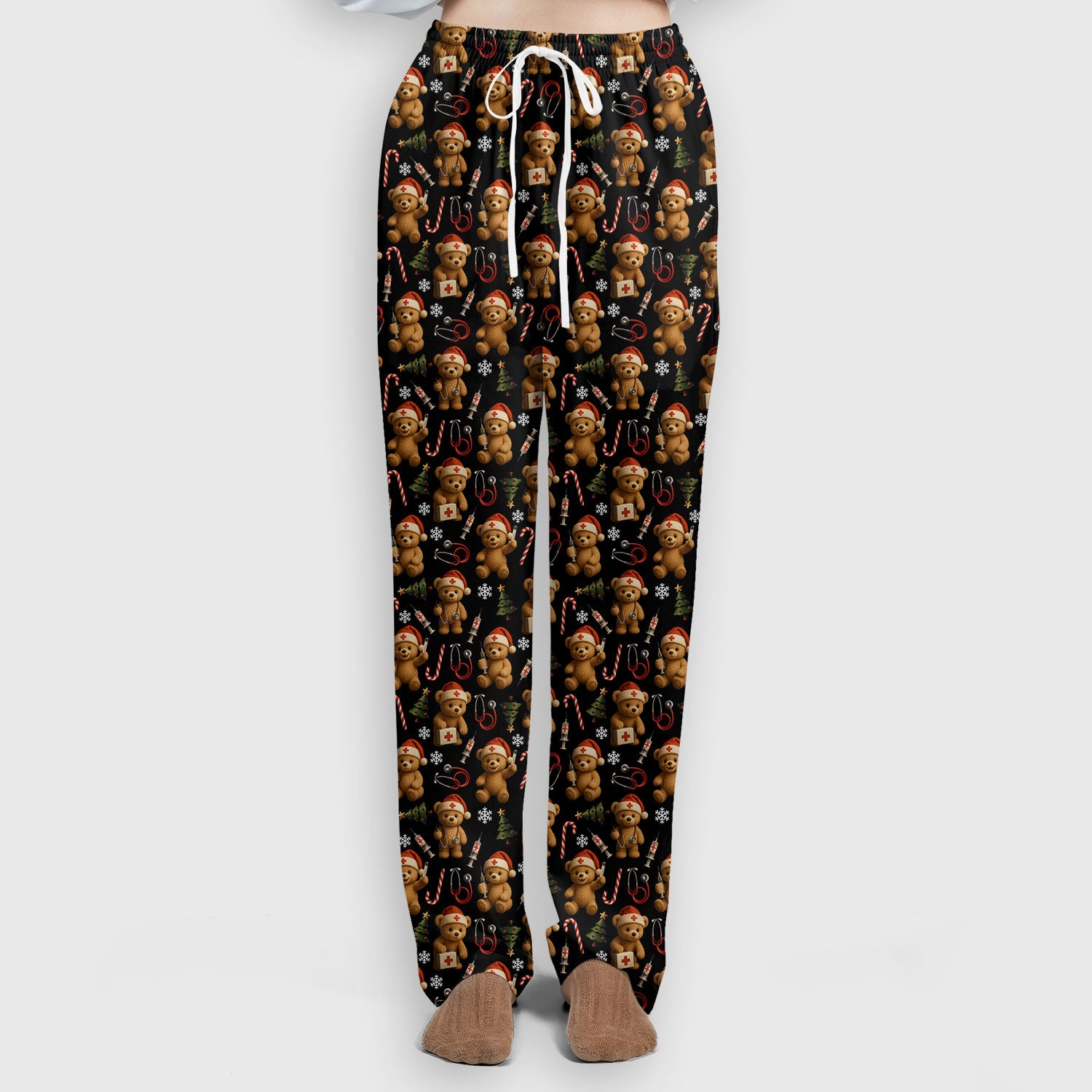 Gingerbread Bear Nurse Christmas Scrub Set - Cute Holiday Medical Pattern with Stethoscopes & Candy Canes - Festive Scrubs for Women