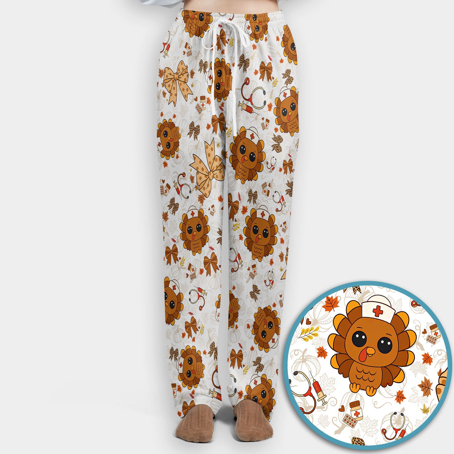 Thanksgiving Turkey Nurse Scrub Set for Women - Cute Fall Leaves and Bow Scrub Pants and V Neck Top - Autumn Medical Uniform