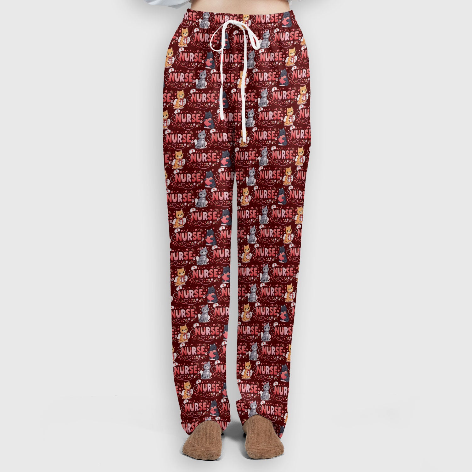 Nurse Cat Heart Pattern Valentine Scrub Set, Women's Scrub Sets V Neck Top