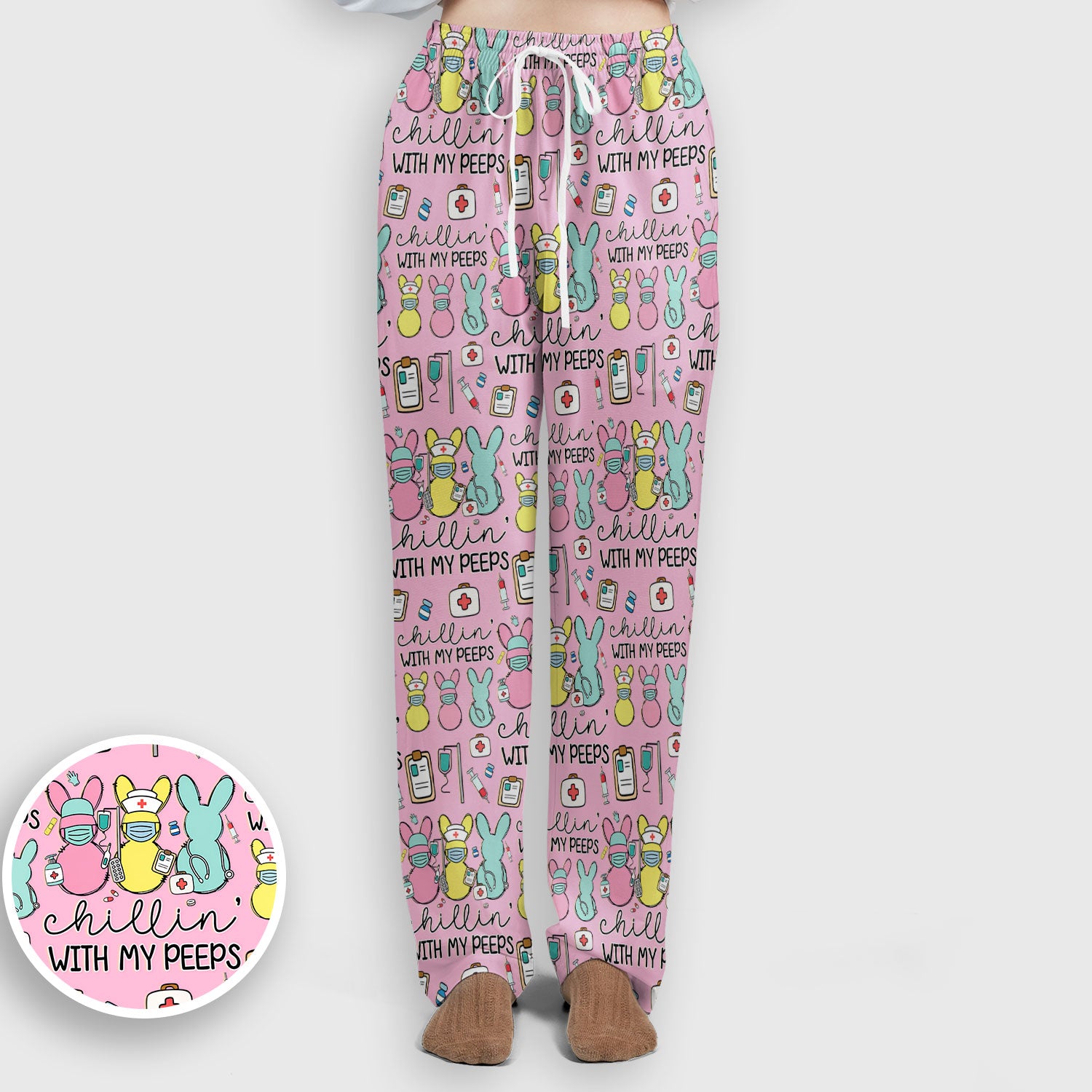 Cute Bunny Nurse Chillin With My Peeps Scrub, Women's Scrub Sets