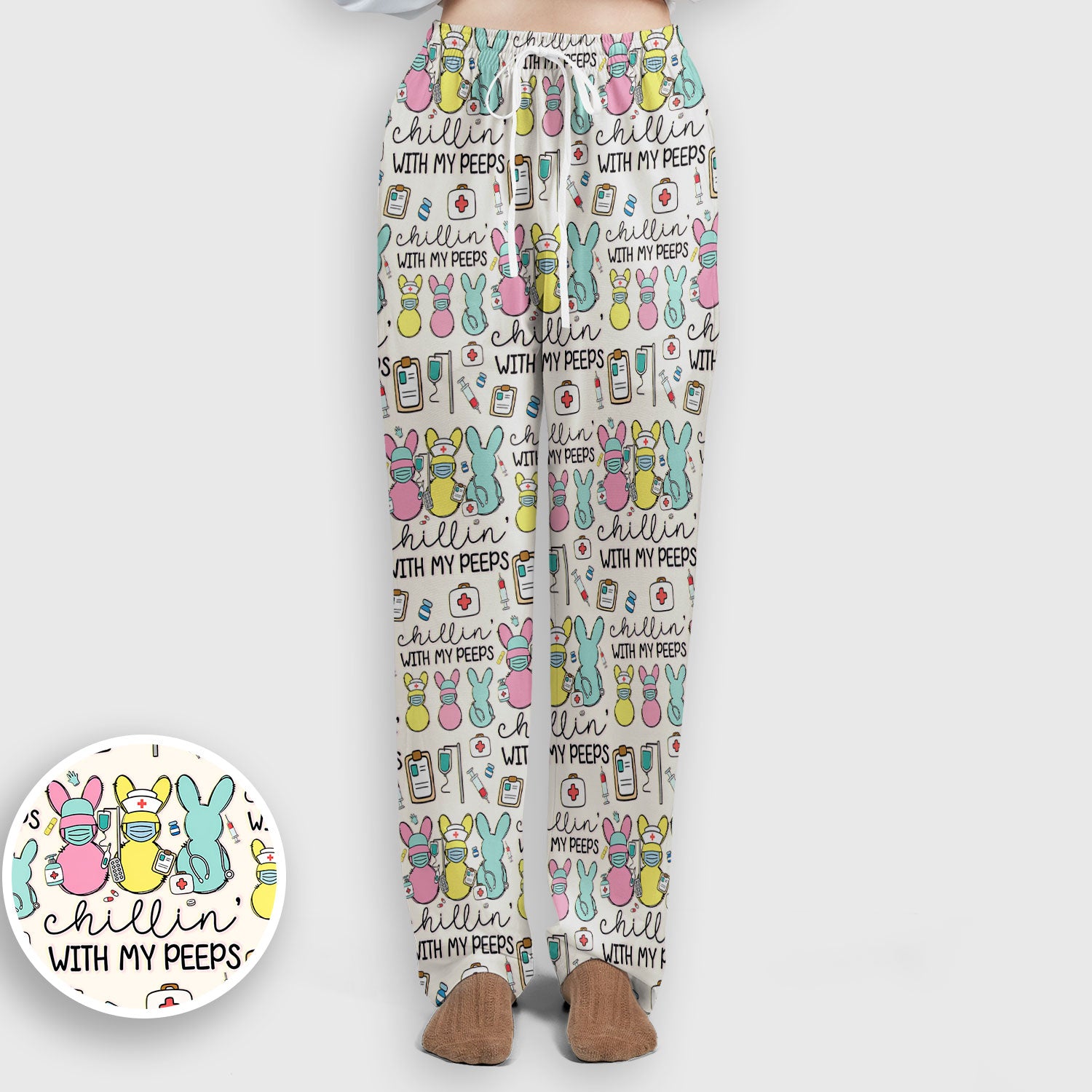 Cute Bunny Nurse Chillin With My Peeps Scrub, Women's Scrub Sets