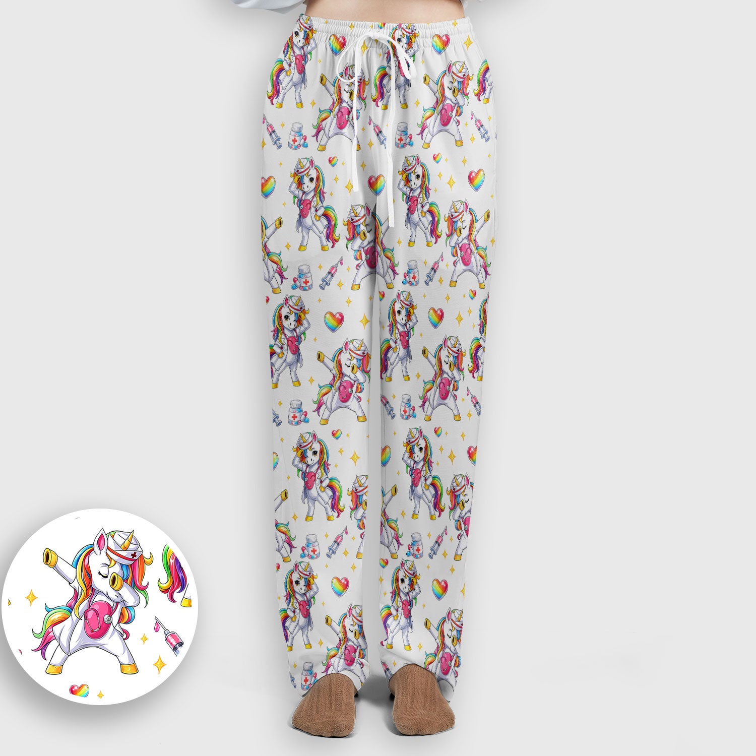 Playful Nurse Unicorn Rainbow Pattern Scrub Set, Breathable Med Uniform