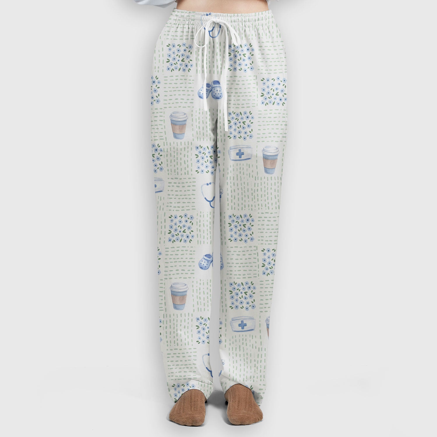 Cute Medical Essentials Pattern Scrub Set, Scrub Pants and V Neck Top