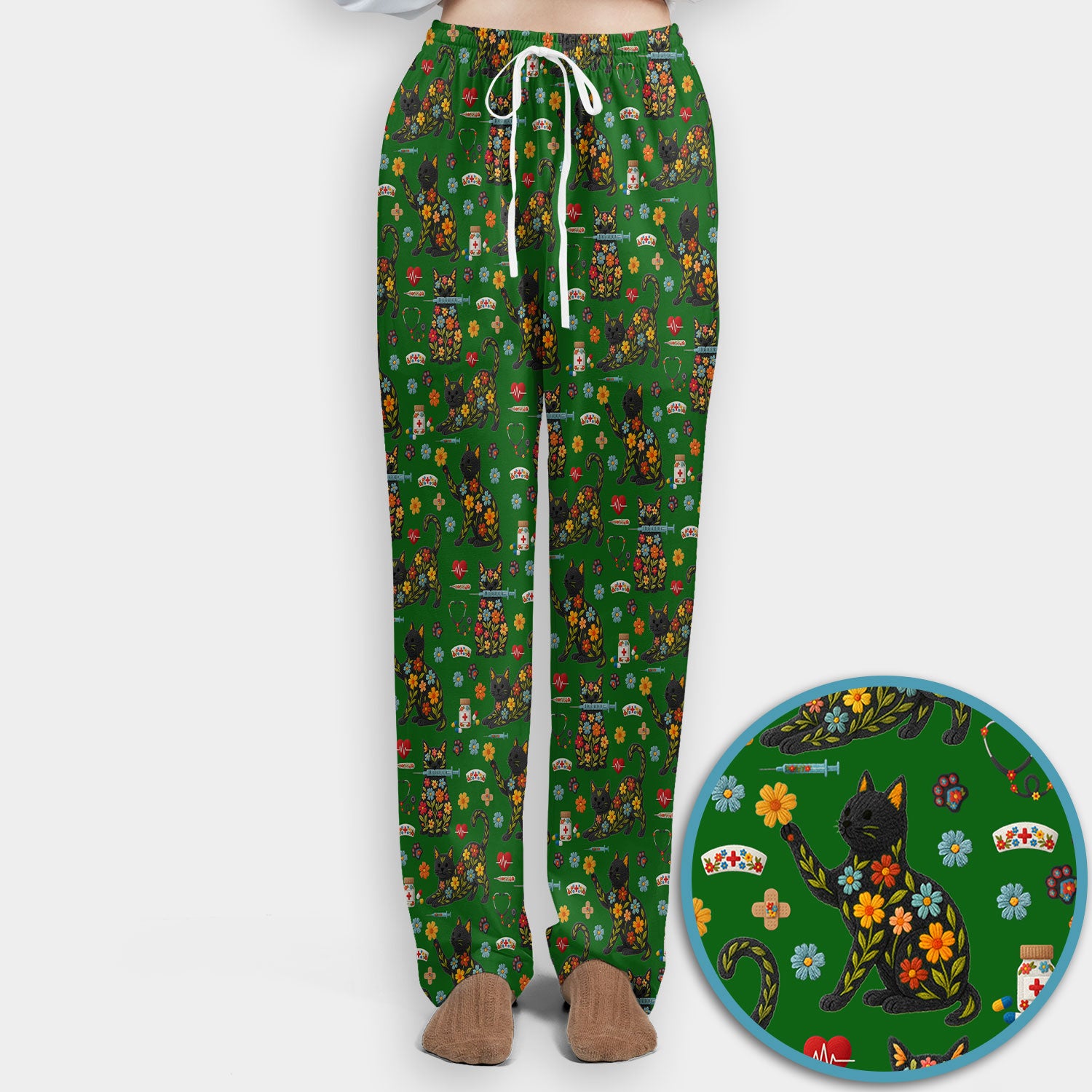 Floral Black Cat Pattern Scrub Set, Cute Cat Nurse Scrub Shirt, Medical Nursing Uniform