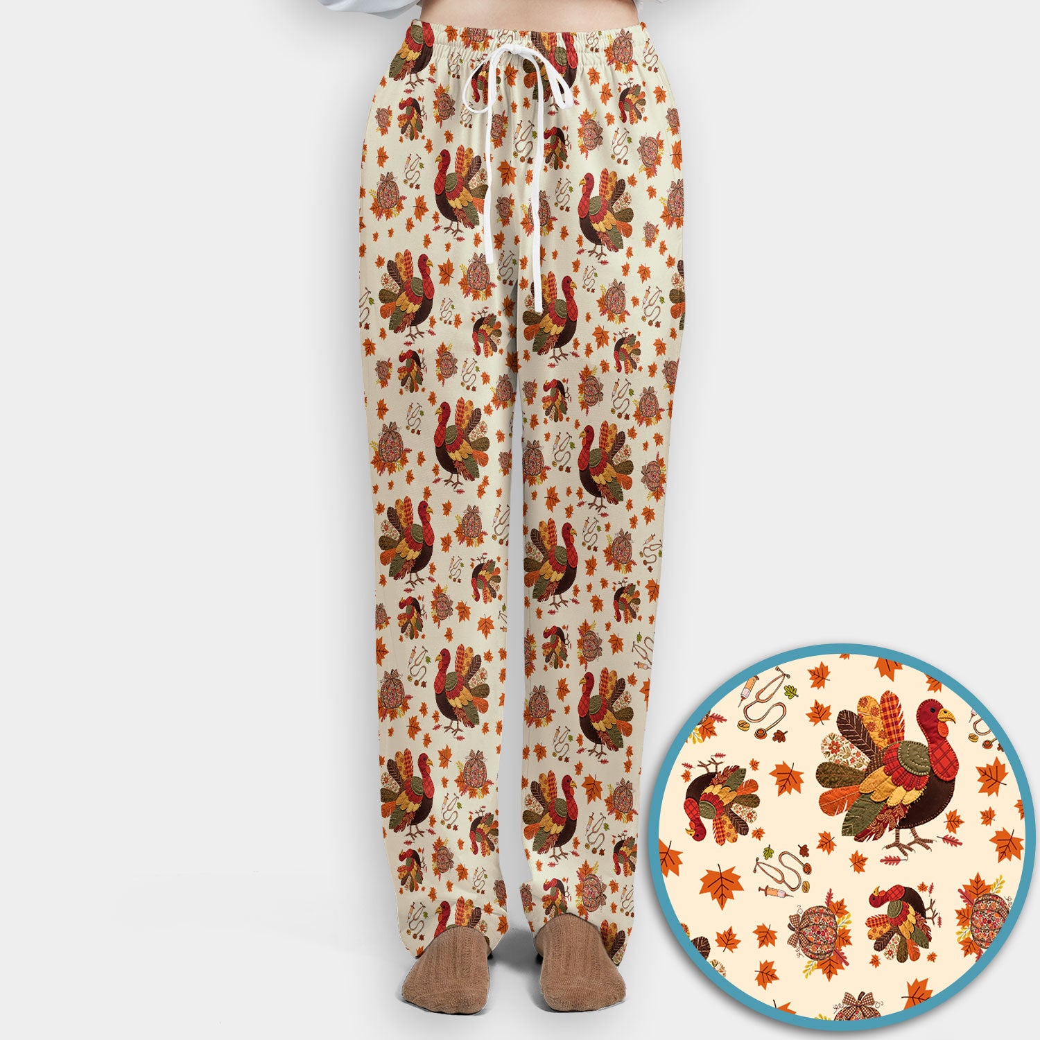 Fall Leaves Thanksgiving Women's Scrub Set - Comfortable Scrub Pants and V Neck Top - Funny Turkey Nursing Uniform