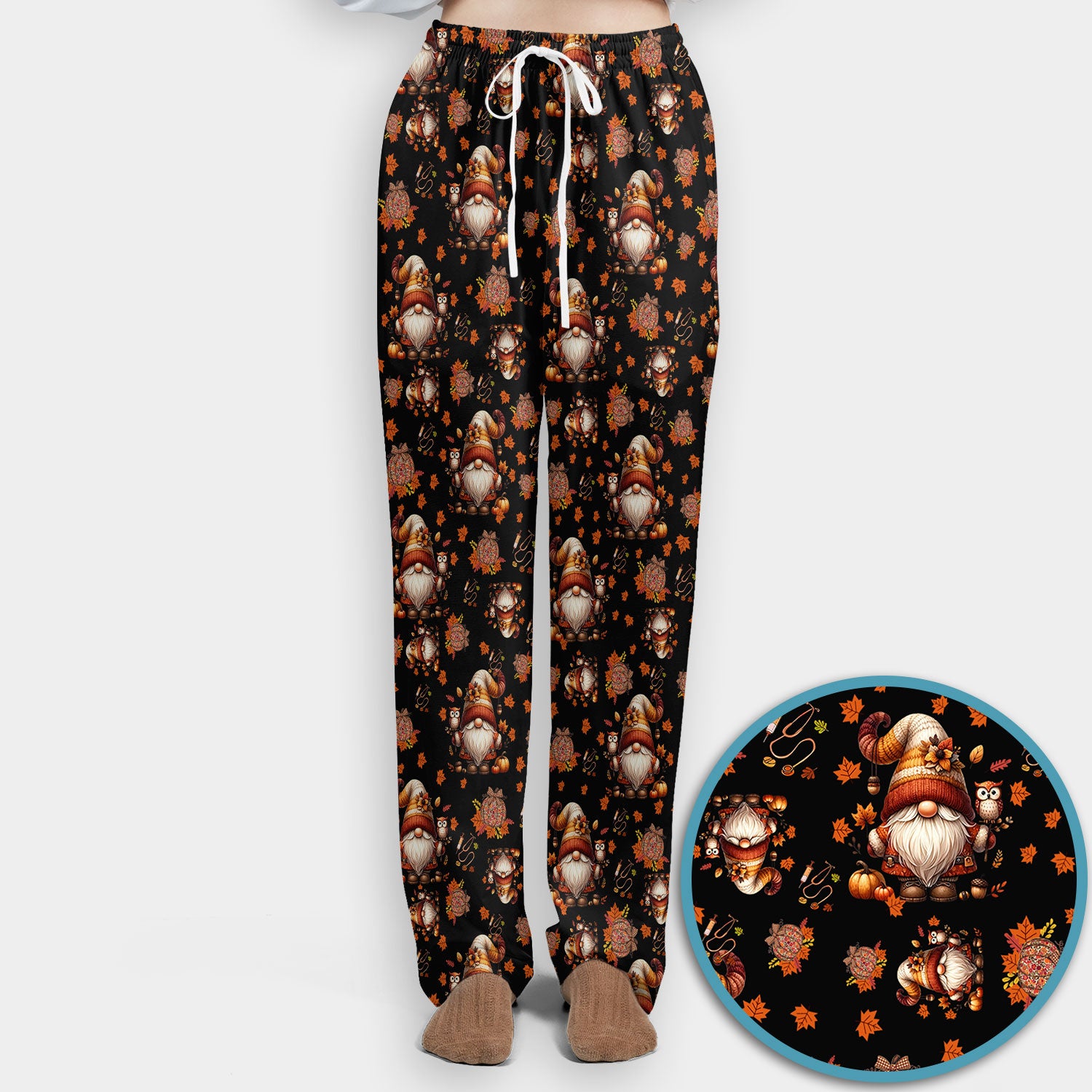 Fall Gnome Women's Scrub Sets - Autumn Leaves Pumpkin Scrub Pants and V Neck Top - Thanksgiving Nursing Uniform