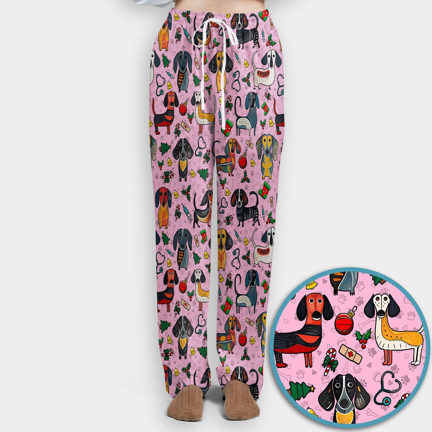 Christmas Wiener Dog Scrub Set - Funny Sausage Dog Pants and V Neck Top - Holiday Medical Uniform