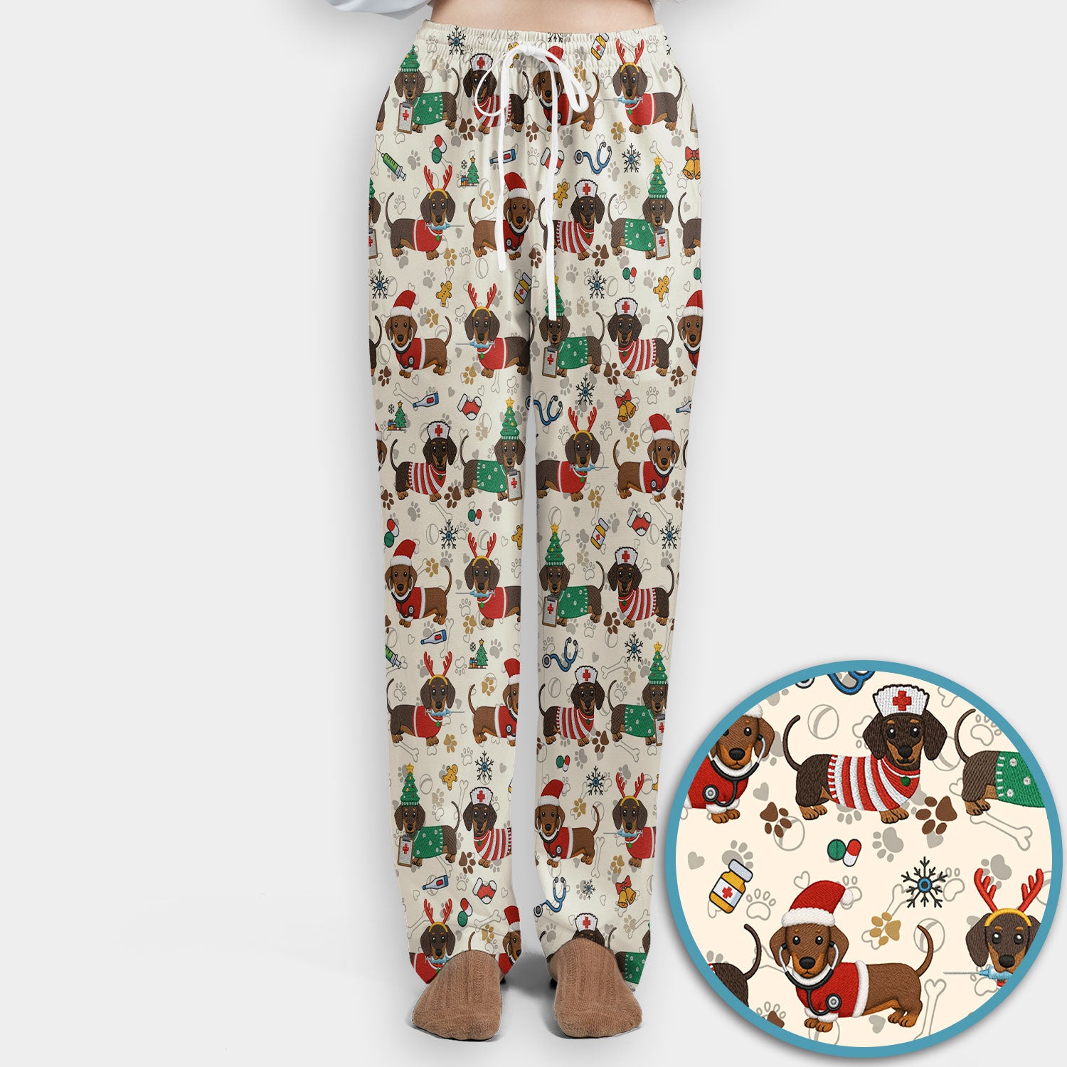 Christmas Dachshund Scrub Set for Nurses - Cute Wiener Dog Scrubs Pants and V Neck Top - Cute Puppy Med Uniform Gift for Women
