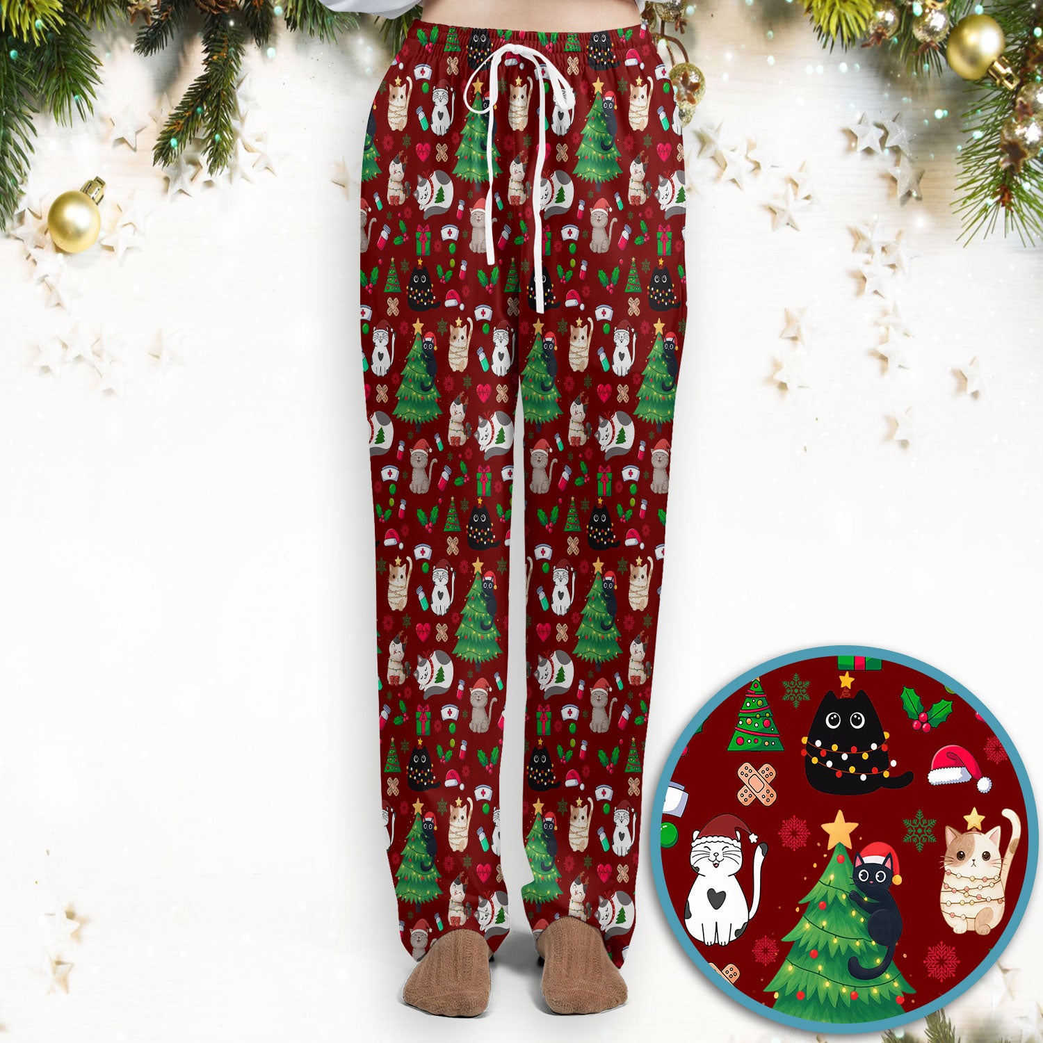 Christmas Cat Scrub Set, Xmas Pet Pattern Scrub Shirt, Breathable Fabrics Nursing Uniform