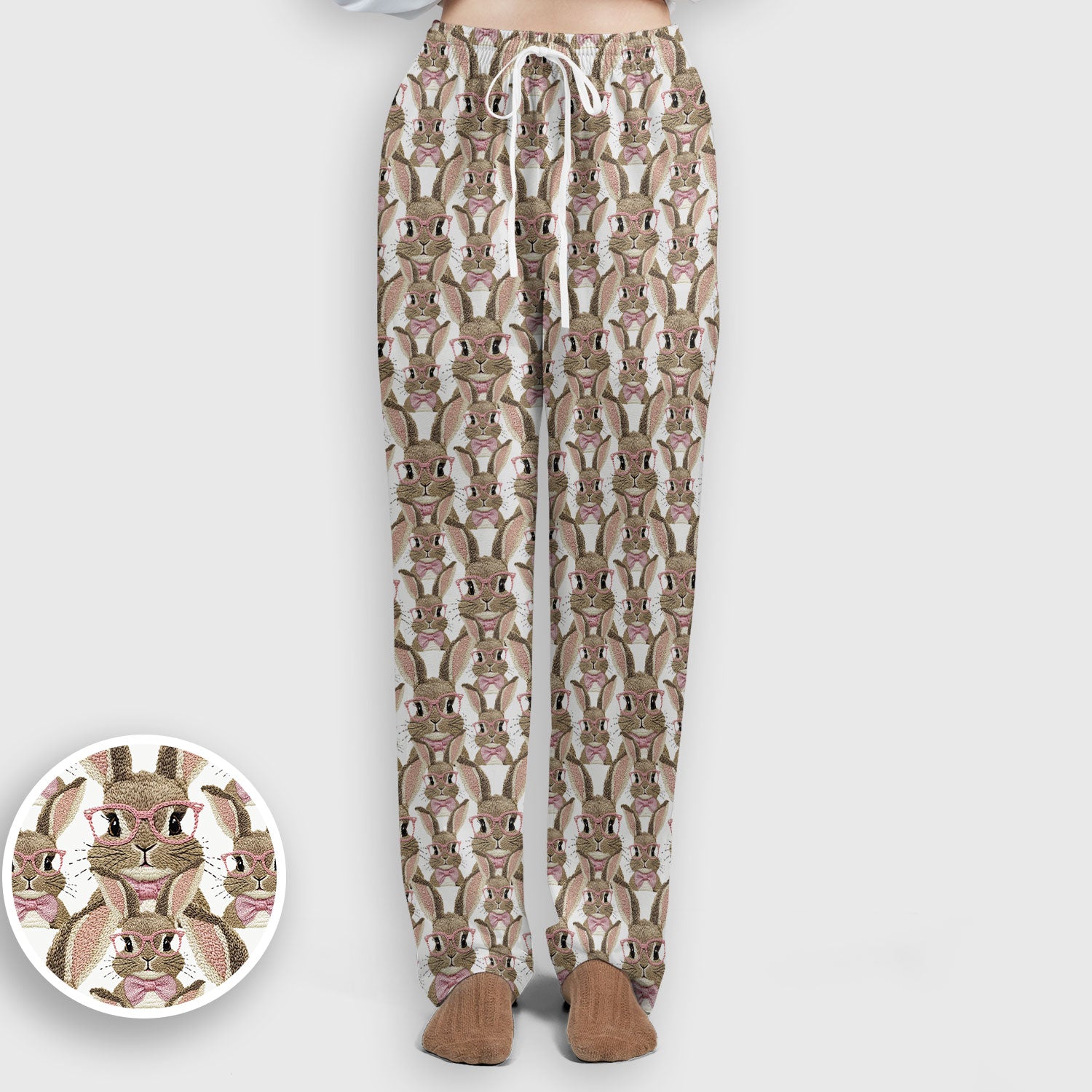 Cute Bunny With Glasses Pattern Scrub Set, Scrub Pants and V Neck Top