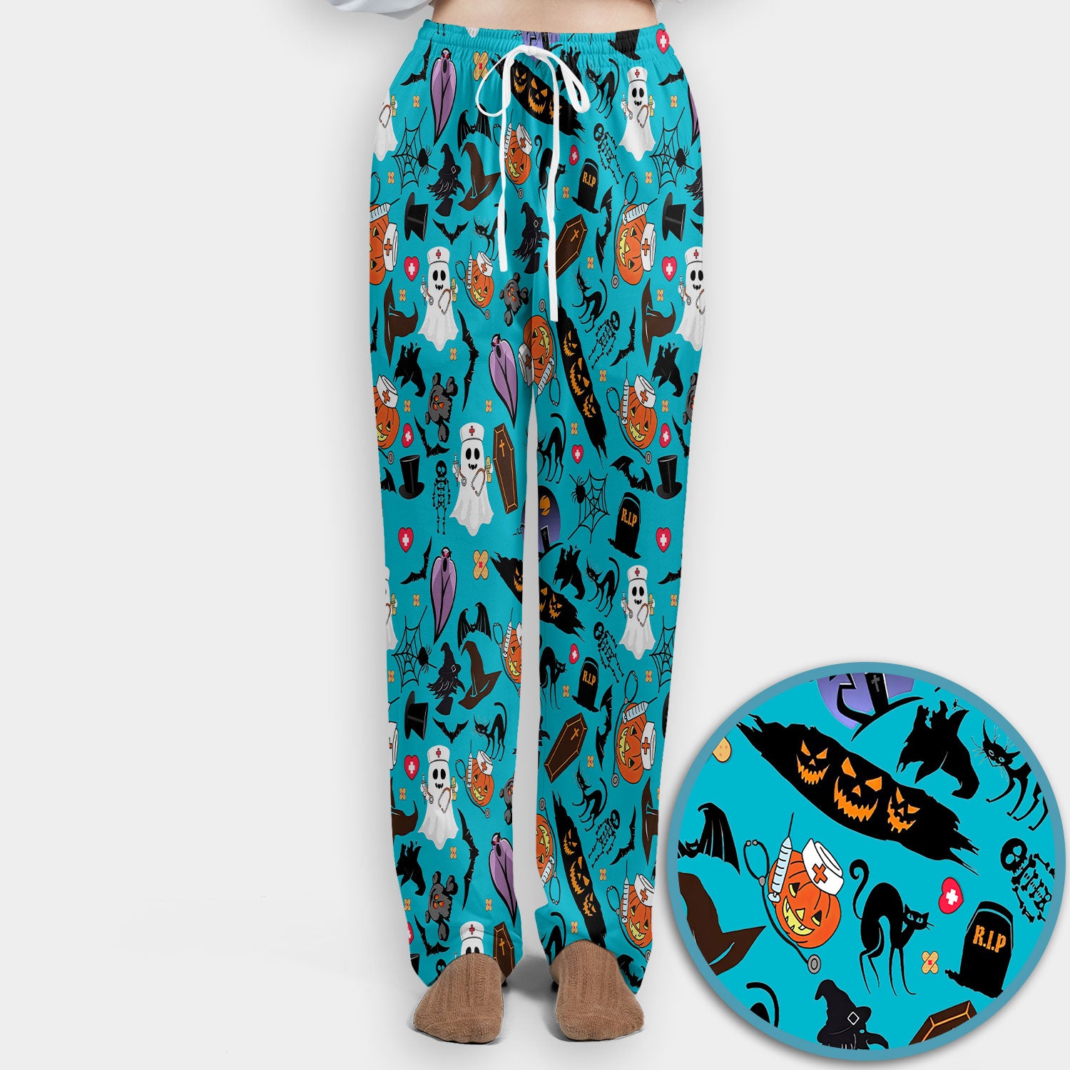 Spooky Halloween Scrub Set - Pumpkin Ghost Bat Nurse Scrubs Pants and V Neck Top - Wicked Witch Medical Uniform for RN CNA LPN