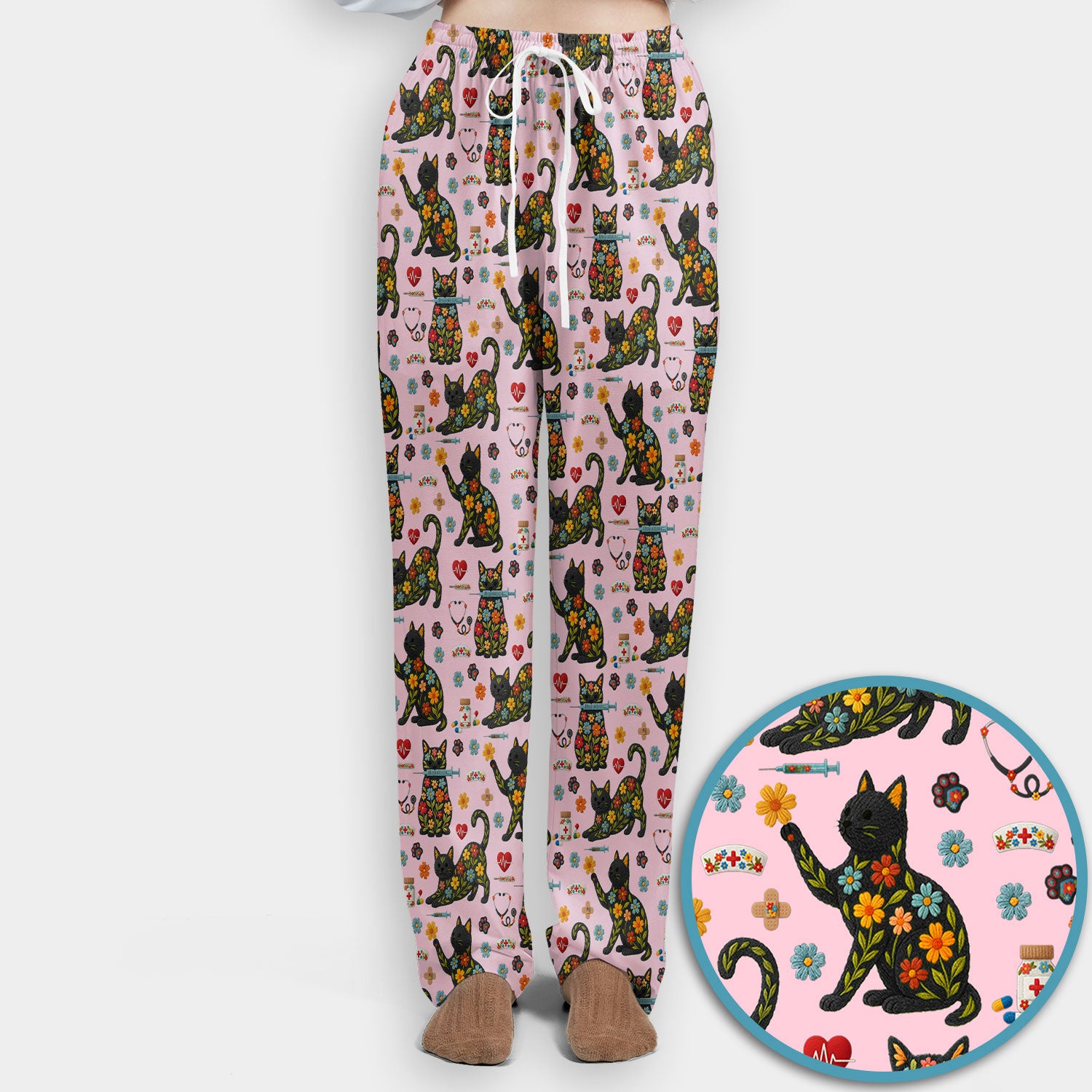 Floral Black Cat Pattern Scrub Set, Cute Cat Nurse Scrub Shirt, Medical Nursing Uniform