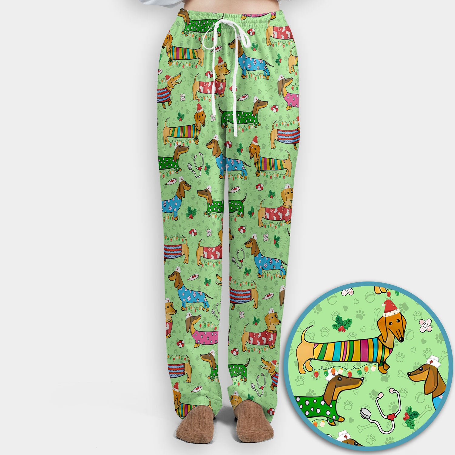 Christmas Scrub Set for Women - Funny Dachshund Scrubs Pants and V Neck Top - Cute Holiday Medical Uniform Gift for RN LPN CNA