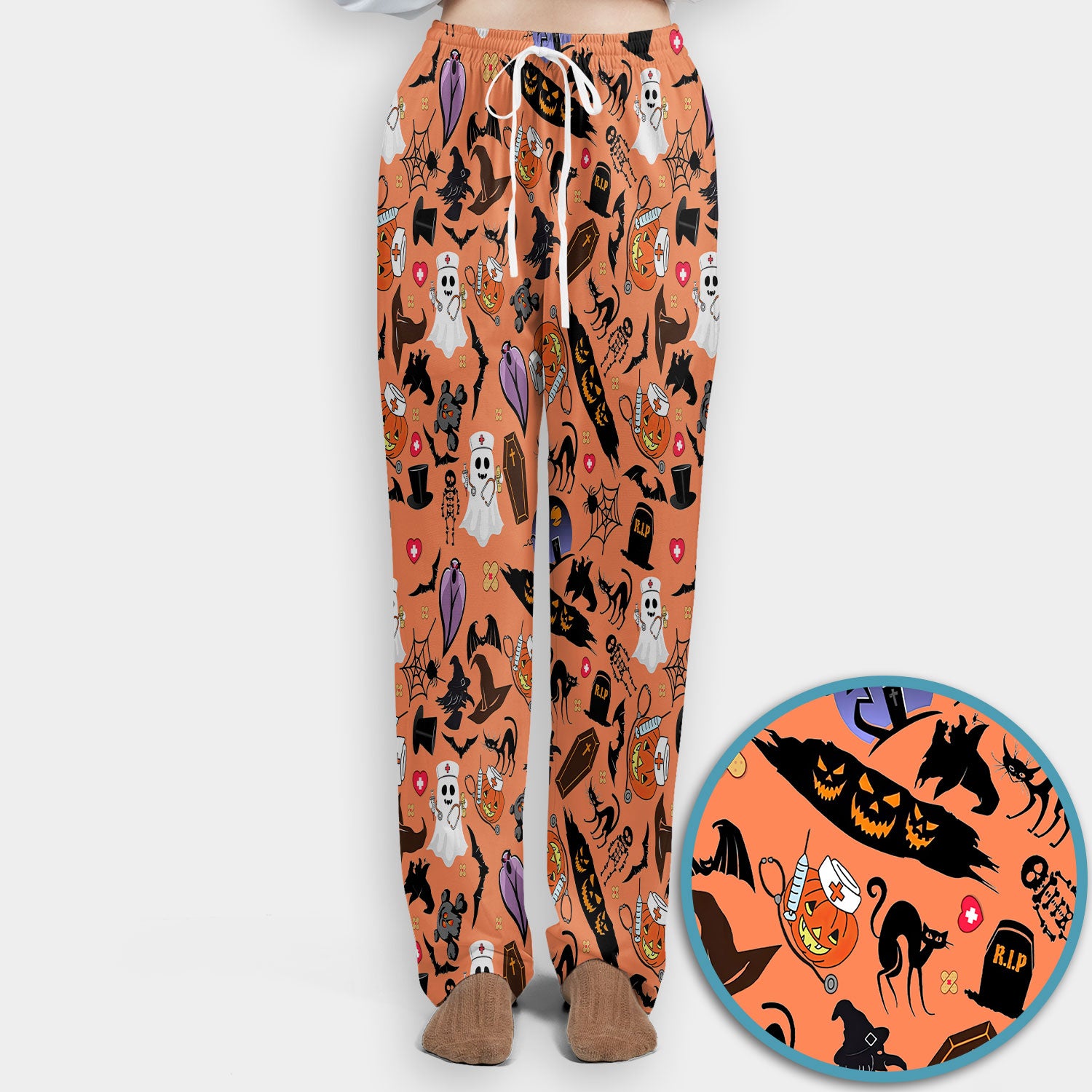 Spooky Halloween Scrub Set - Pumpkin Ghost Bat Nurse Scrubs Pants and V Neck Top - Wicked Witch Medical Uniform for RN CNA LPN
