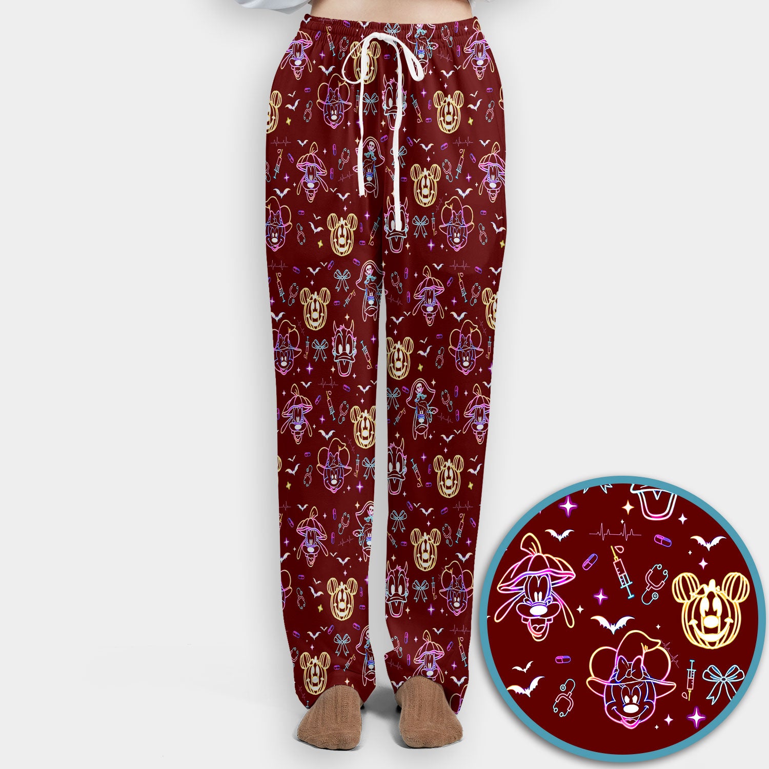 Neon Mouse Halloween Scrub Set for Nurses - Spooky Faces and Scary Pumpkin Scrub Pants and V Neck Shirt - Funny Med Uniform