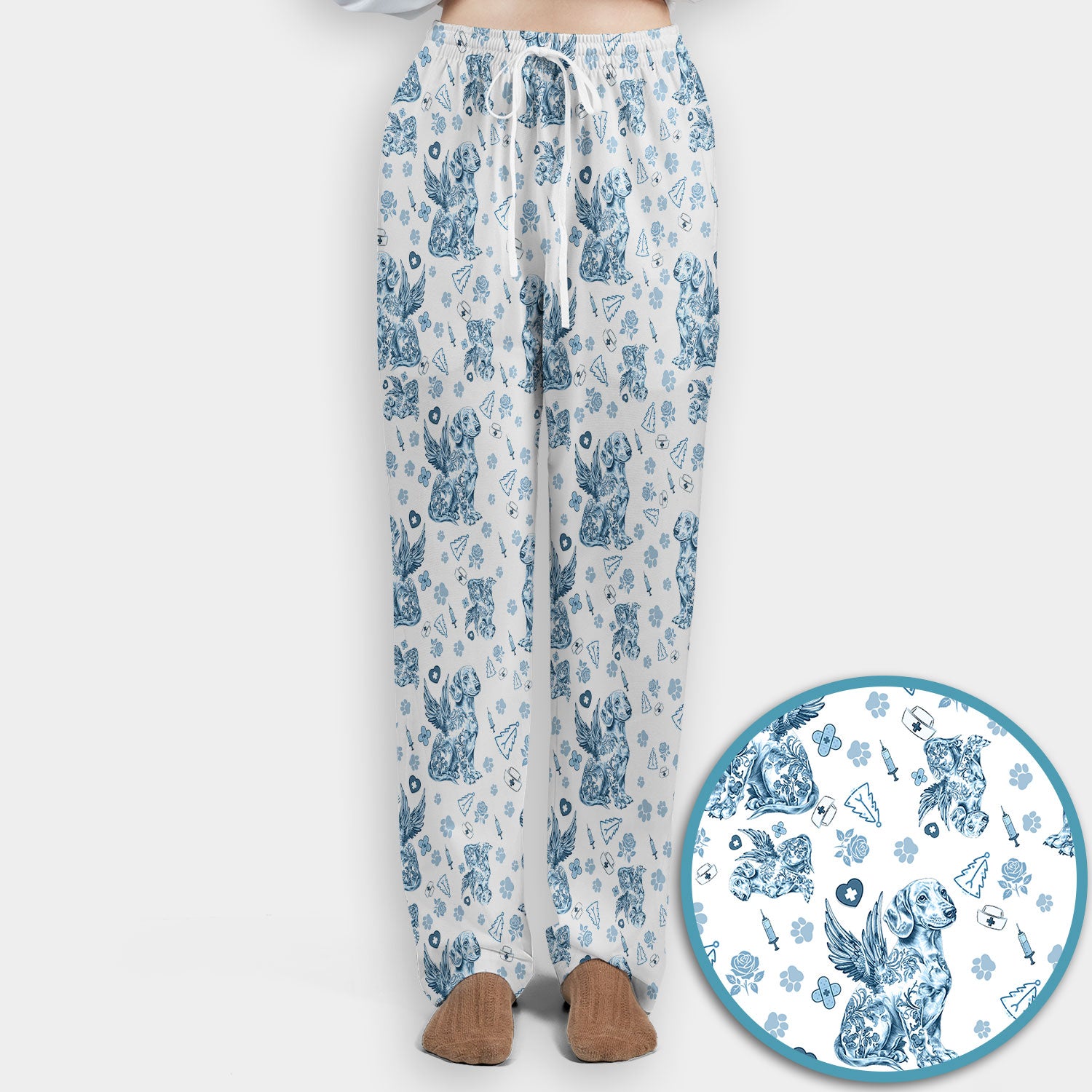 Toile de Jouy Dachshund Angel Scrub Set - Blue Vintage Wiener Dog Scrubs Pants and V Neck Top - Memorial Puppy Gift