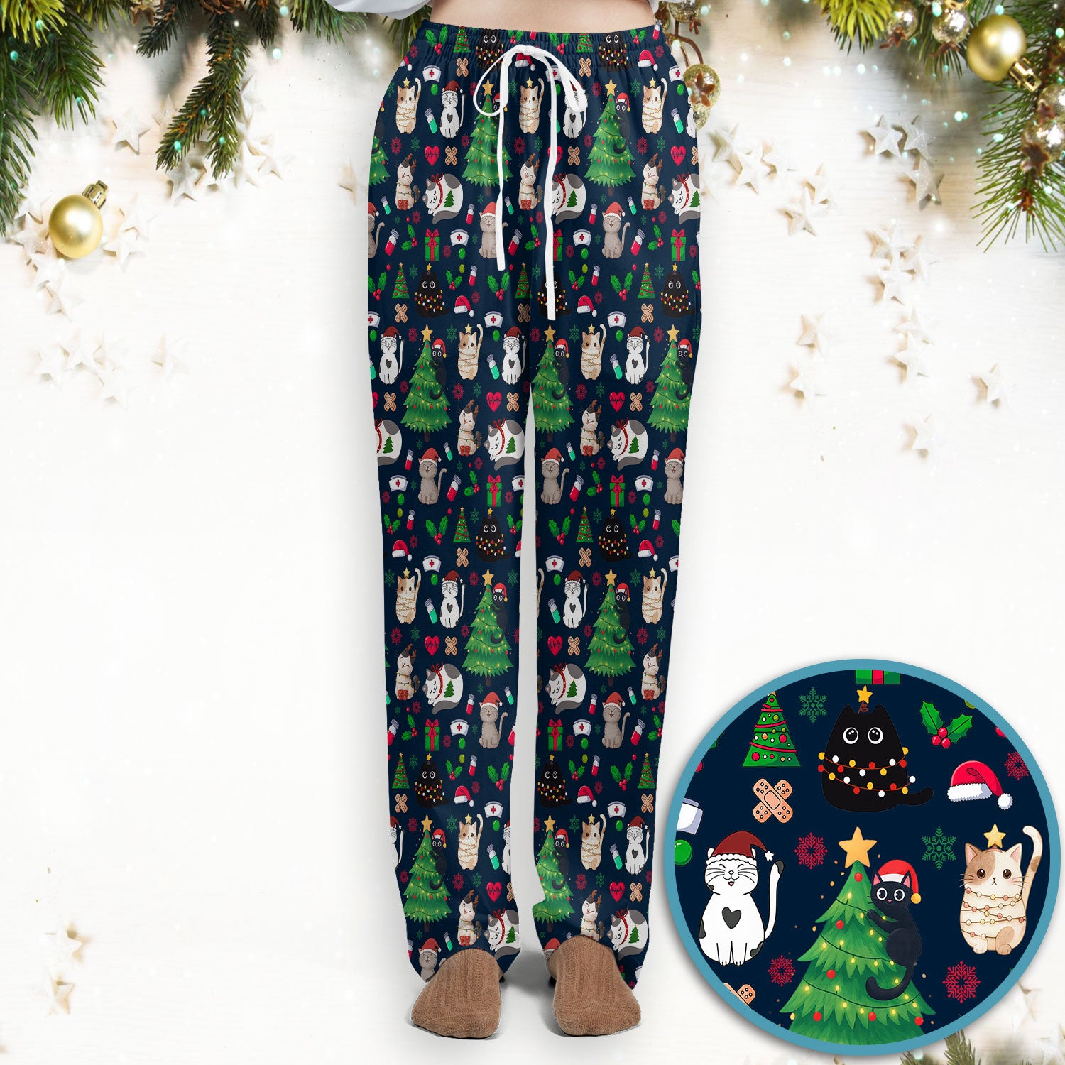Christmas Cat Scrub Set, Xmas Pet Pattern Scrub Shirt, Breathable Fabrics Nursing Uniform