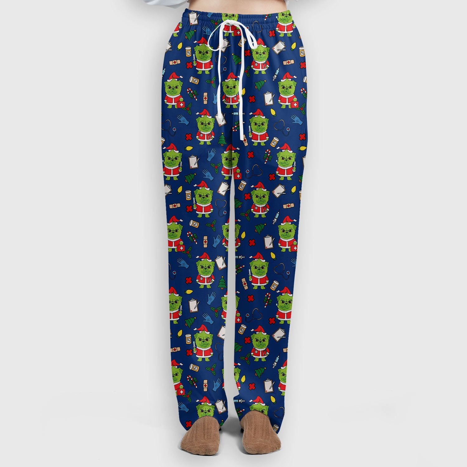 Funny Nurse Christmas Scrubs Set - Grumpy Dog Pattern with Medical Tools - Festive Holiday Scrub Top and Pants for Women