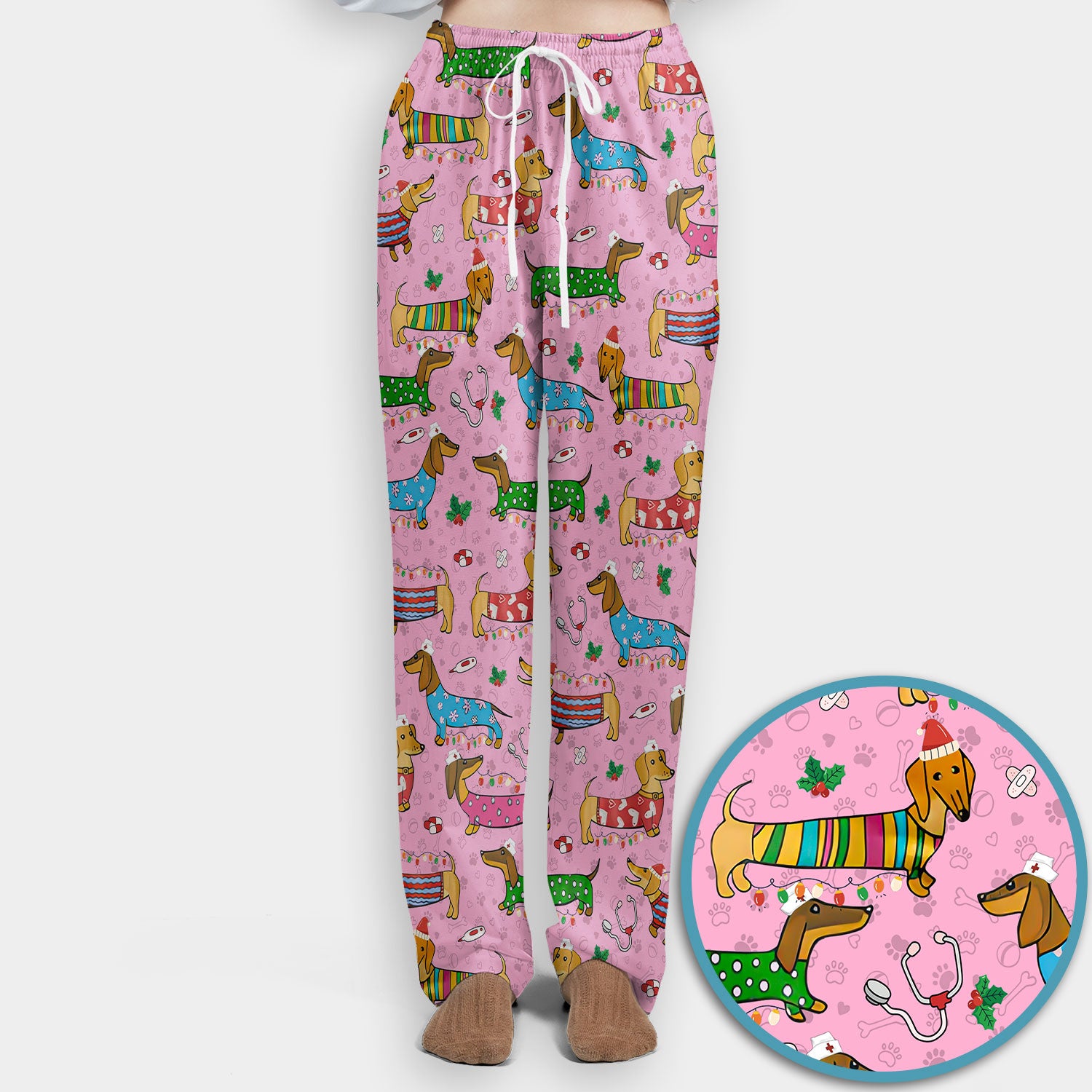 Christmas Dachshund Scrub Set for Nurses - Cute Wiener Dog in Holiday Outfit - Funny Medical Uniform Gift for Women RN LPN CNA