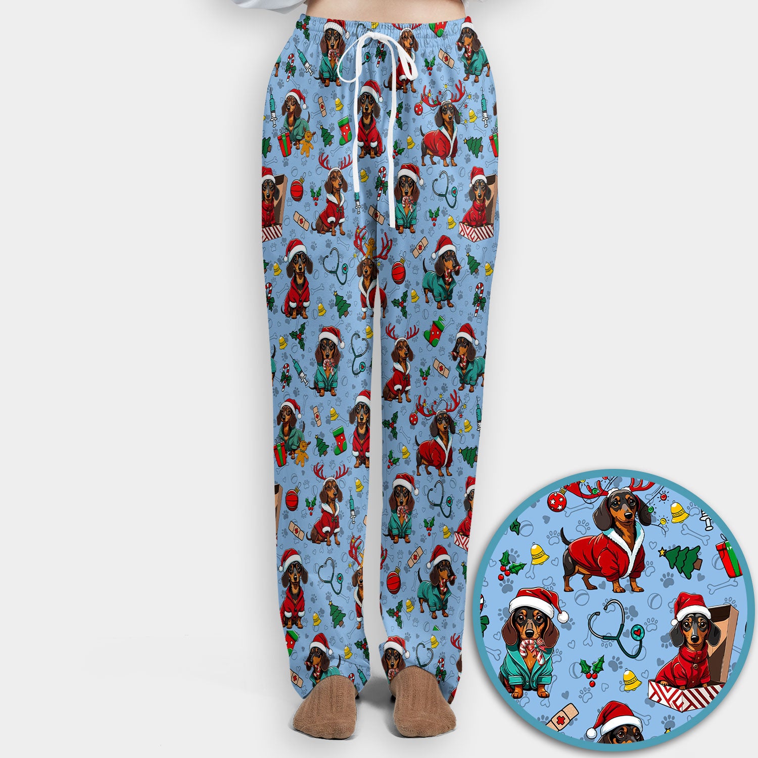 Christmas Dachshund Scrub Set for Nurses - Cute Sausage Dog Holiday - Funny Reindeer & Santa Scrubs Pants and V Neck Top