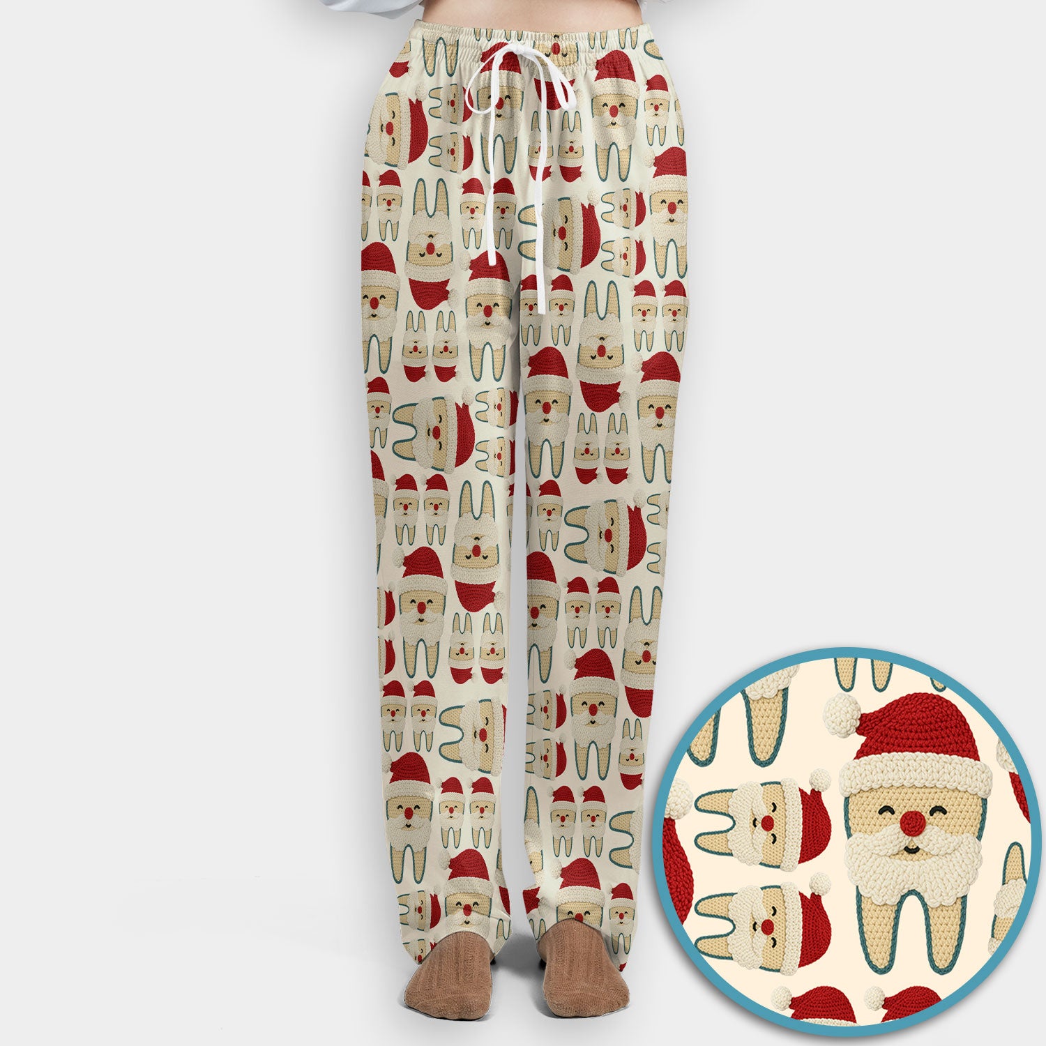 Christmas Tooth Scrub Set - Cute Santa Tooth Pattern for Dentists & Hygienists - Crochet Style Holiday Medical Uniform for Women