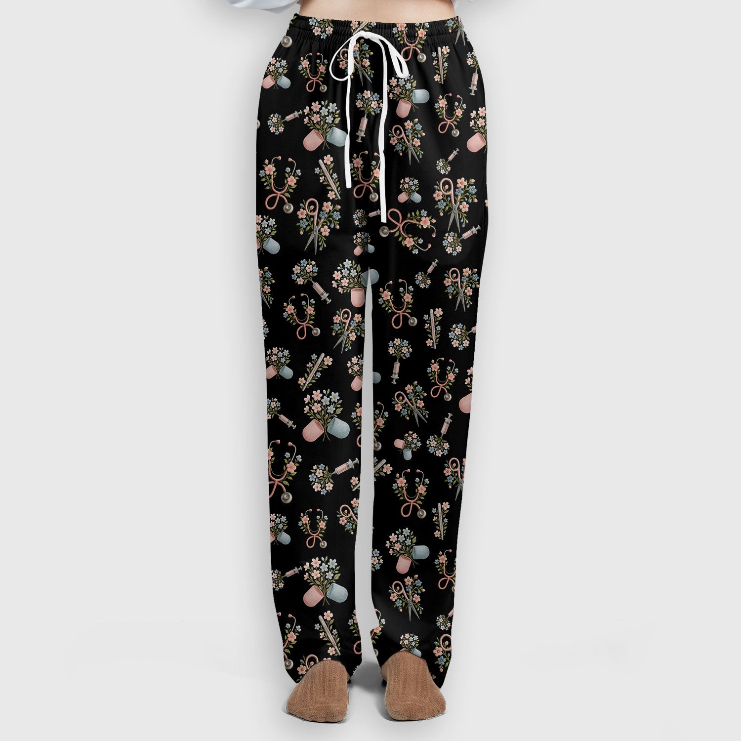 Floral Medical Scrub Set, Elegant Stethoscope With Flower Nursing Shirt, Breathable Fabrics Nurse Uniform