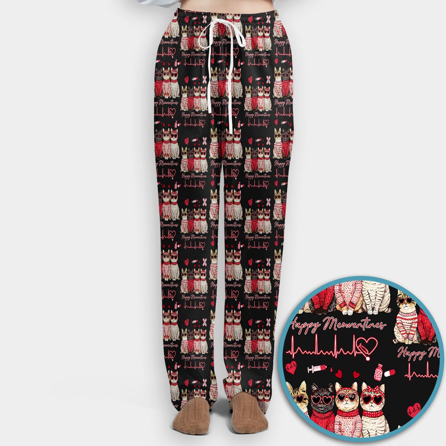 Happy Meowtines Cat Pattern Scrub Set, Valentine Cat Lover Nurse Scrub Shirt, Heartbeat Medical Pattern Nursing Uniform